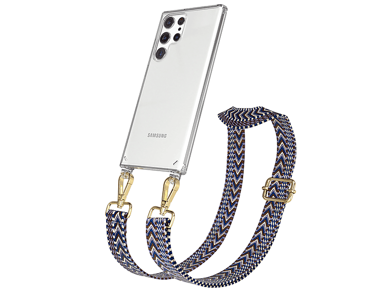 EAZY CASE Transparente Handyhülle Style, Blau Umhängetasche, Samsung, Ultra Kordel Galaxy S22 Boho / Weiß 5G, mit