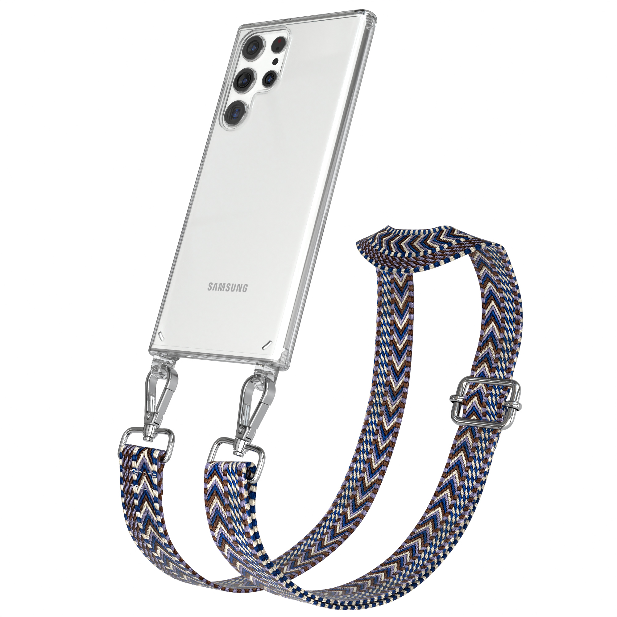 Blau mit Style, EAZY S22 Kordel Umhängetasche, Ultra Galaxy / Handyhülle Transparente 5G, Boho Weiß CASE Samsung,