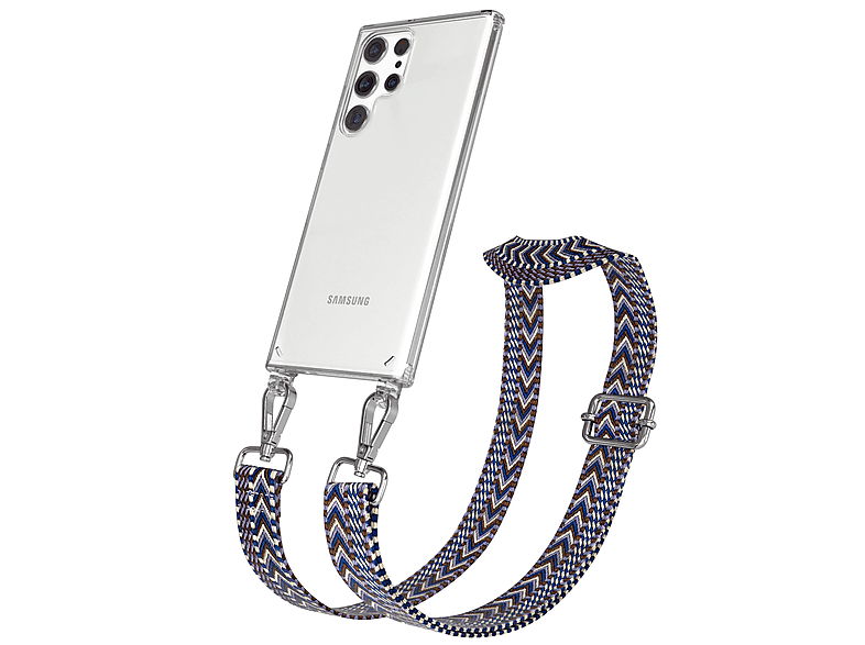 EAZY CASE Transparente Handyhülle mit Kordel Boho Style, Umhängetasche, Samsung, Galaxy S22 Ultra 5G, Blau / Weiß