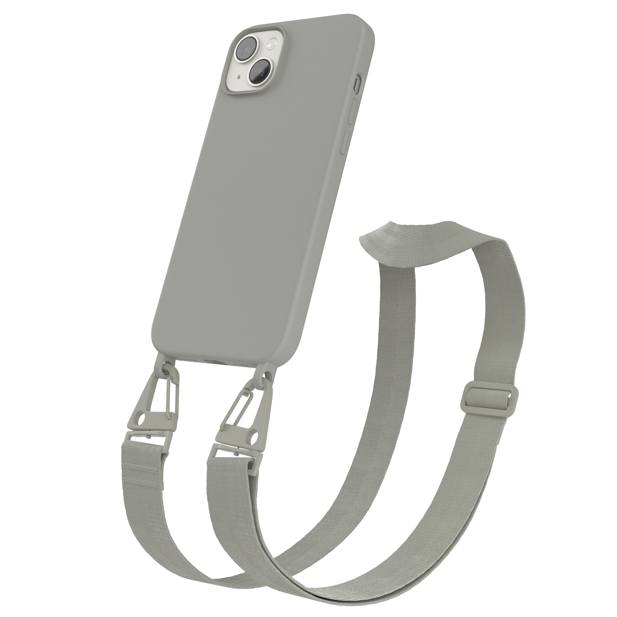 Eine graue Handyhülle mit grauem Riemen und einem Telefon, auf weißem Hintergrund.