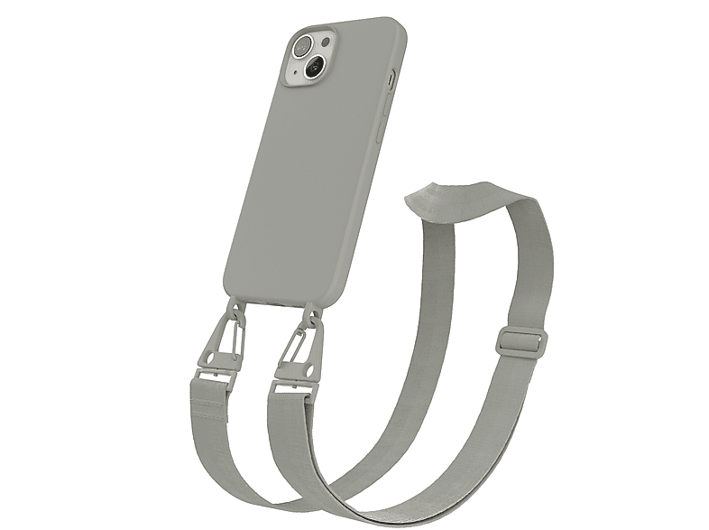Karabiner iPhone Hülle, Taupe mit Premium Silikon EAZY / 13, Grau Kette Apple, Breit Beige Handy CASE Umhängetasche,