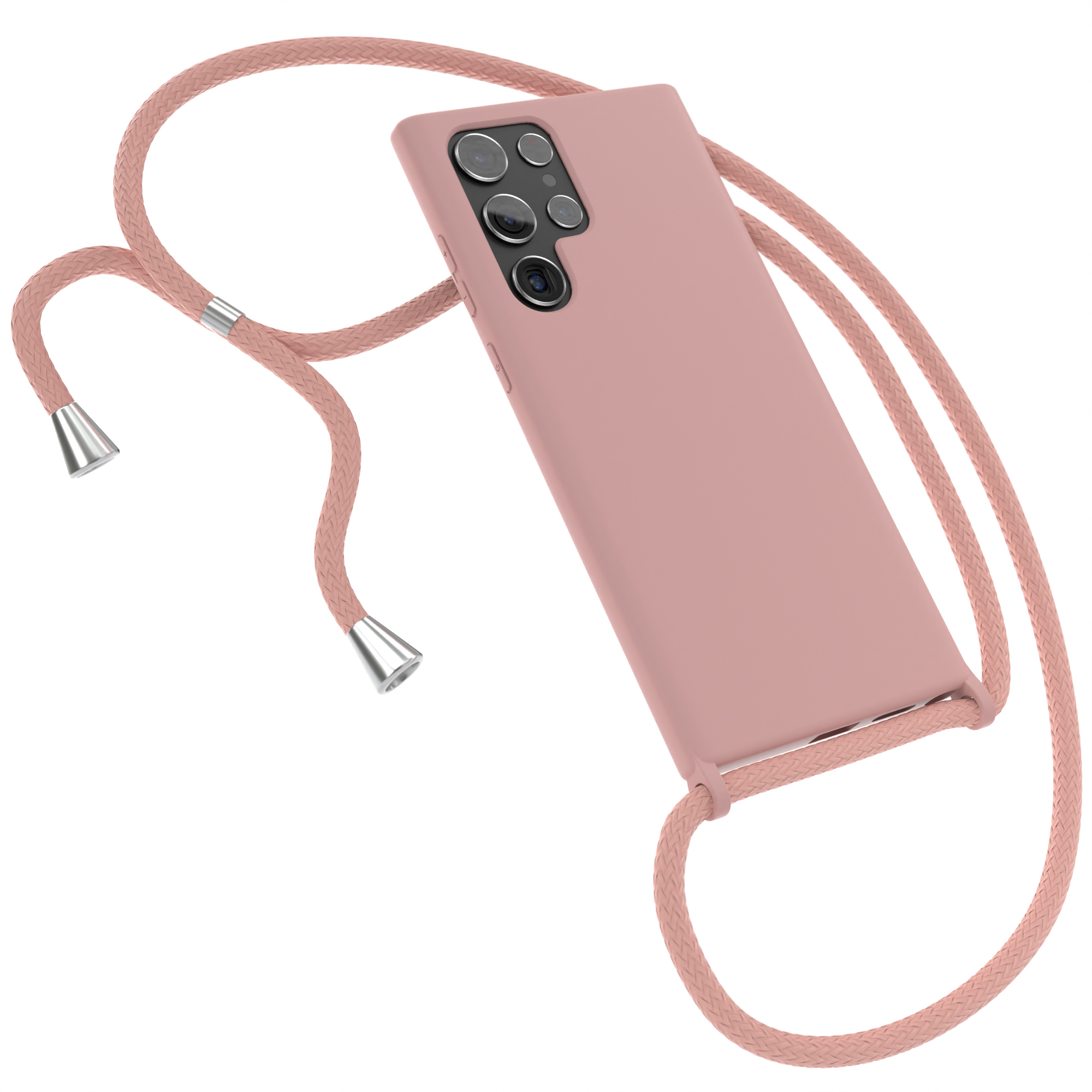 Staubrosa Handyhülle mit passendem Seilriemen. Das Telefon hat Kameras. Weißer Hintergrund.