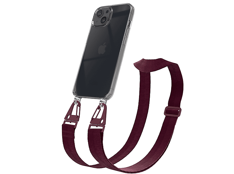 EAZY CASE Transparente Handyhülle mit breiter Kordel + Karabiner, Umhängetasche, Apple, iPhone 13, Rot Beere / Burgundy