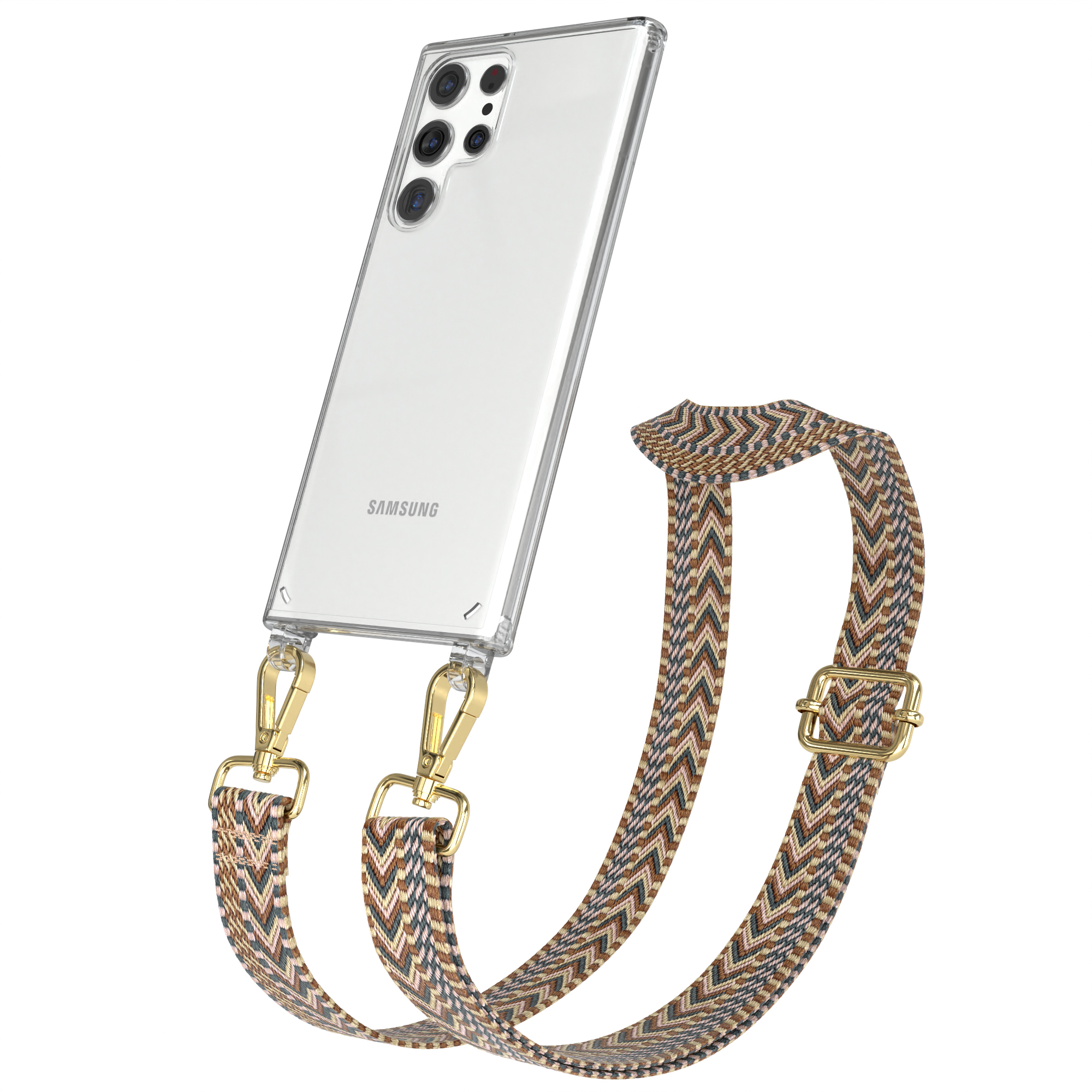 Transparente Handyhülle mit gemustertem Riemen. Das Telefon ist ein Samsung. Der Riemen ist braun, beige und schwarz.
