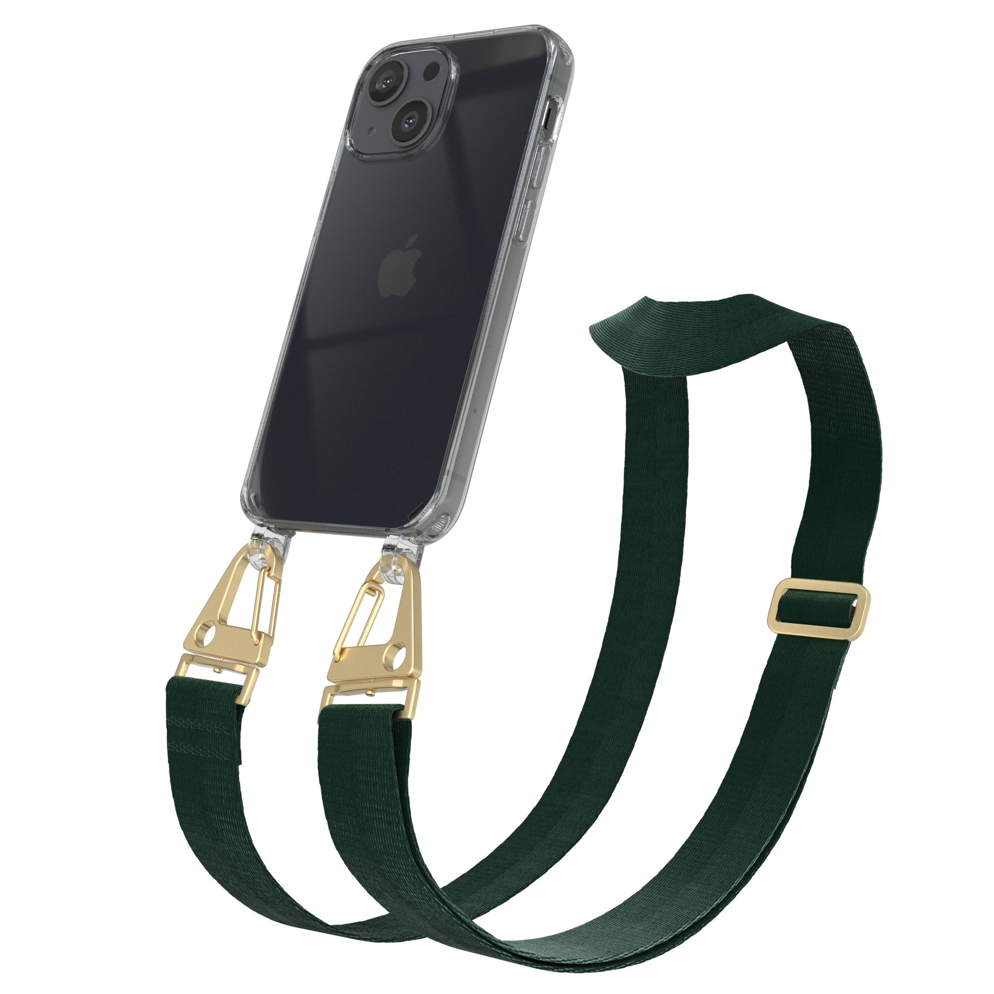 Dunkel + mit Grün iPhone EAZY / CASE Karabiner, Gold Kordel Umhängetasche, Mini, Handyhülle Transparente Apple, breiter 13