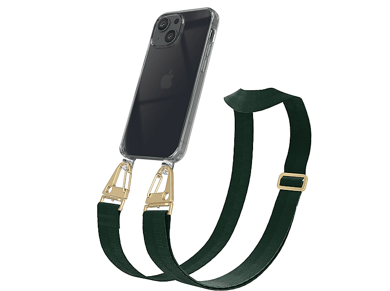 Dunkel + mit Grün iPhone EAZY / CASE Karabiner, Gold Kordel Umhängetasche, Mini, Handyhülle Transparente Apple, breiter 13