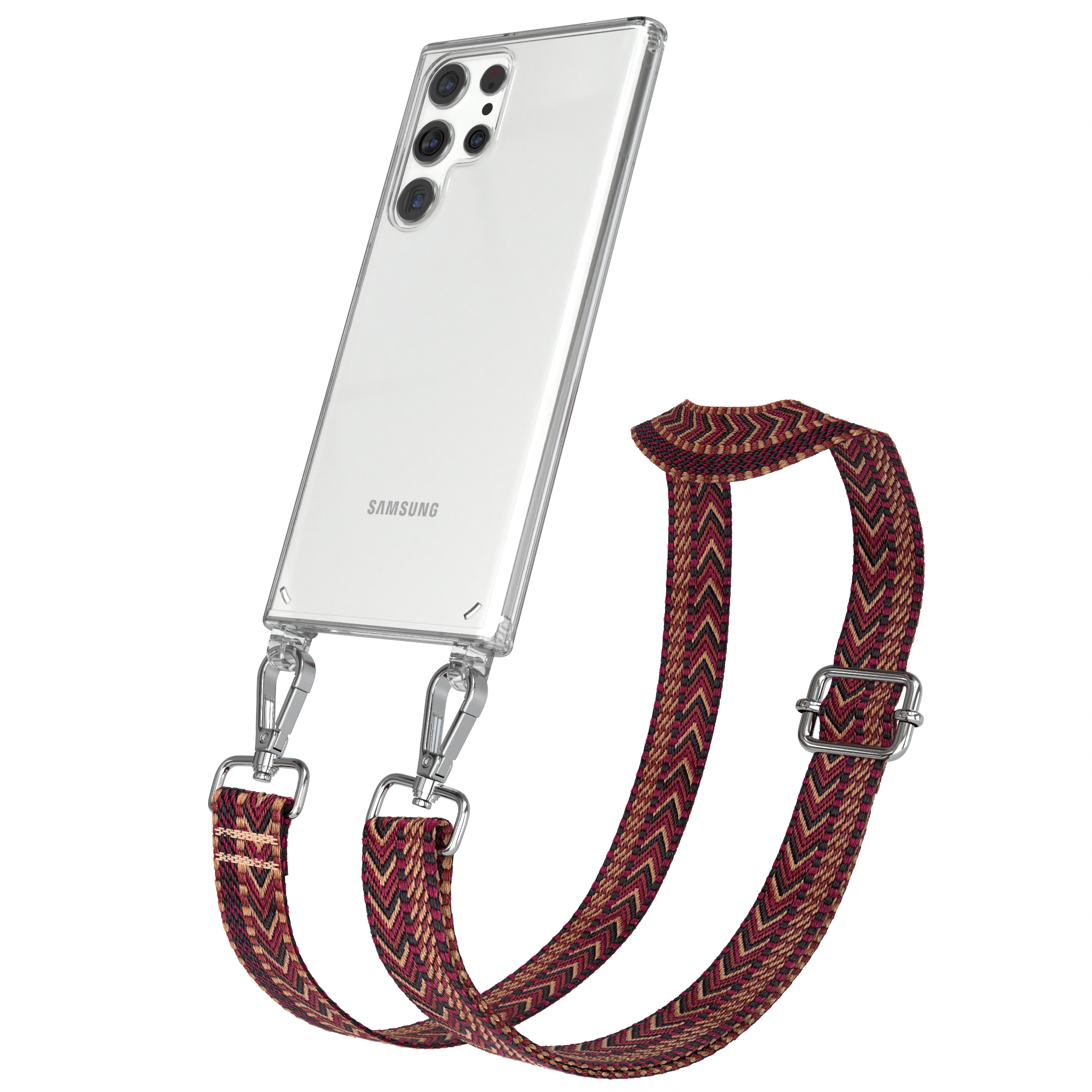 EAZY CASE Transparente Handyhülle mit Umhängetasche, Samsung, / S22 Kordel Ultra Rot Braun Style, Boho Galaxy 5G