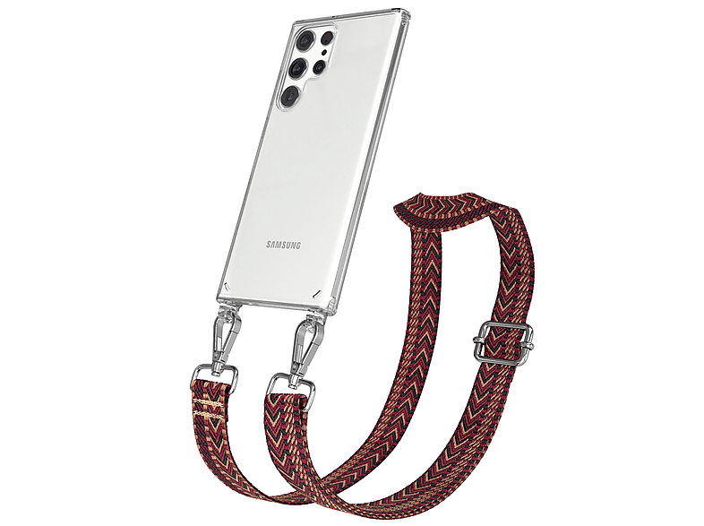 CASE Ultra mit Braun / Samsung, EAZY Style, Handyhülle Umhängetasche, S22 5G, Transparente Rot Boho Galaxy Kordel