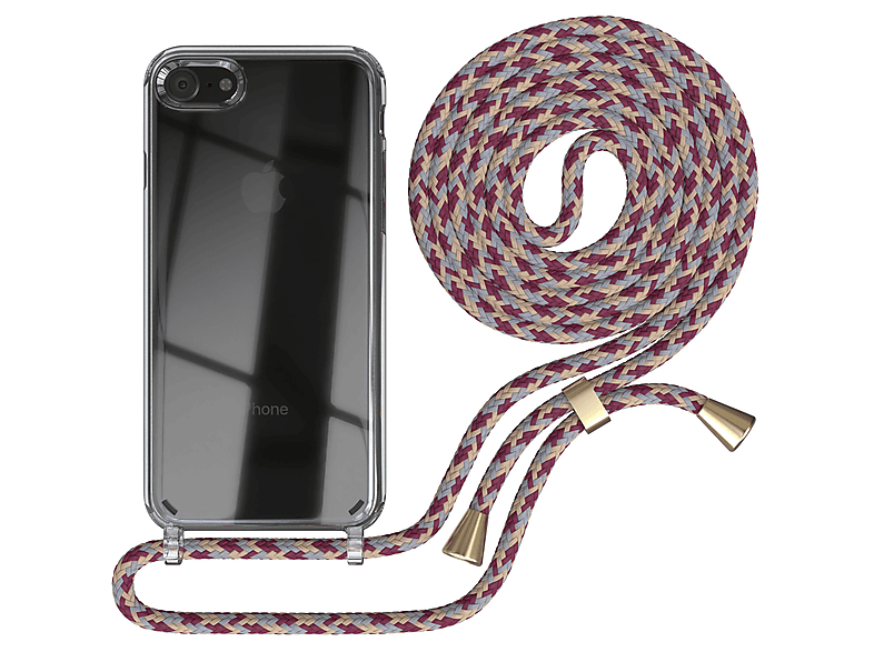 EAZY CASE Clear Cover mit Umhängeband, Umhängetasche, Apple, iPhone SE 2022 / SE 2020, iPhone 7 / 8, Rot Beige Camouflage / Clips Gold