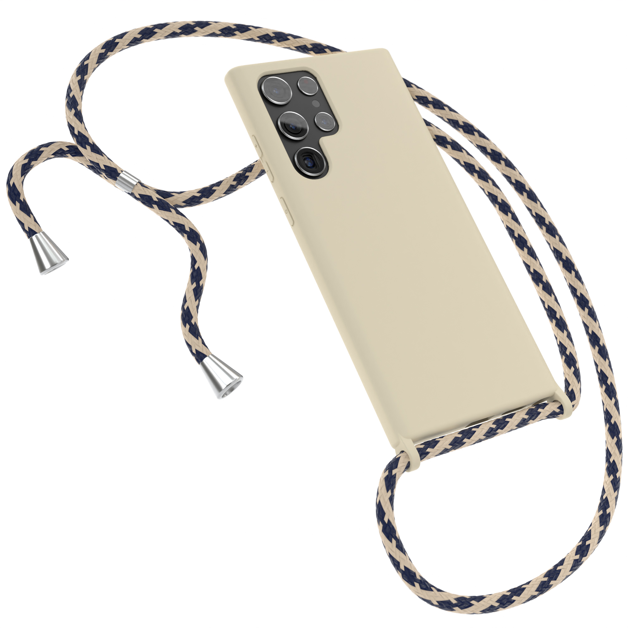 Eine beige Handyhülle mit blau-beigem Kordel, vor weißem Hintergrund.