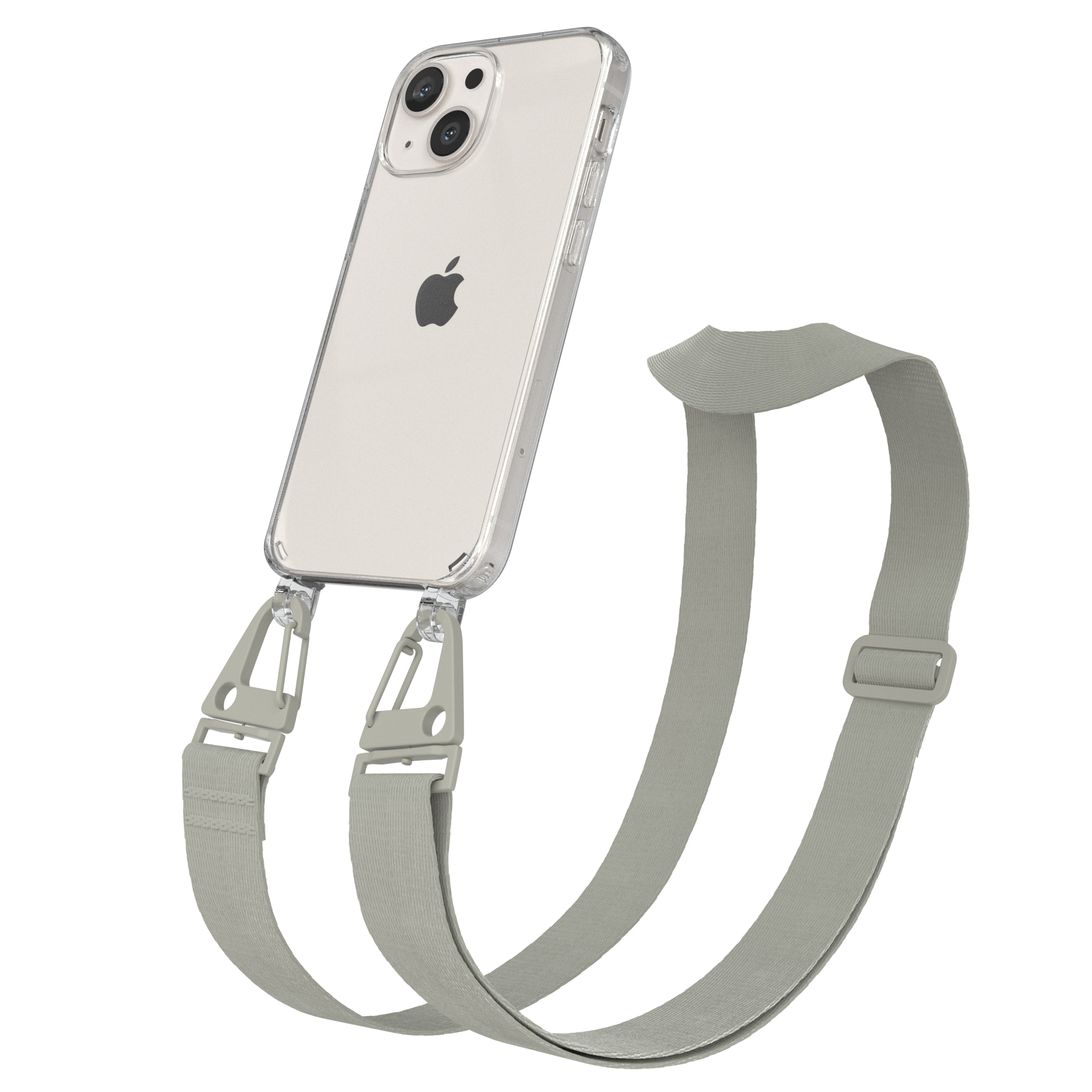EAZY CASE Mini, Umhängetasche, mit Transparente 13 Apple, Beige + Karabiner, Kordel iPhone Handyhülle breiter Taupe / Grau