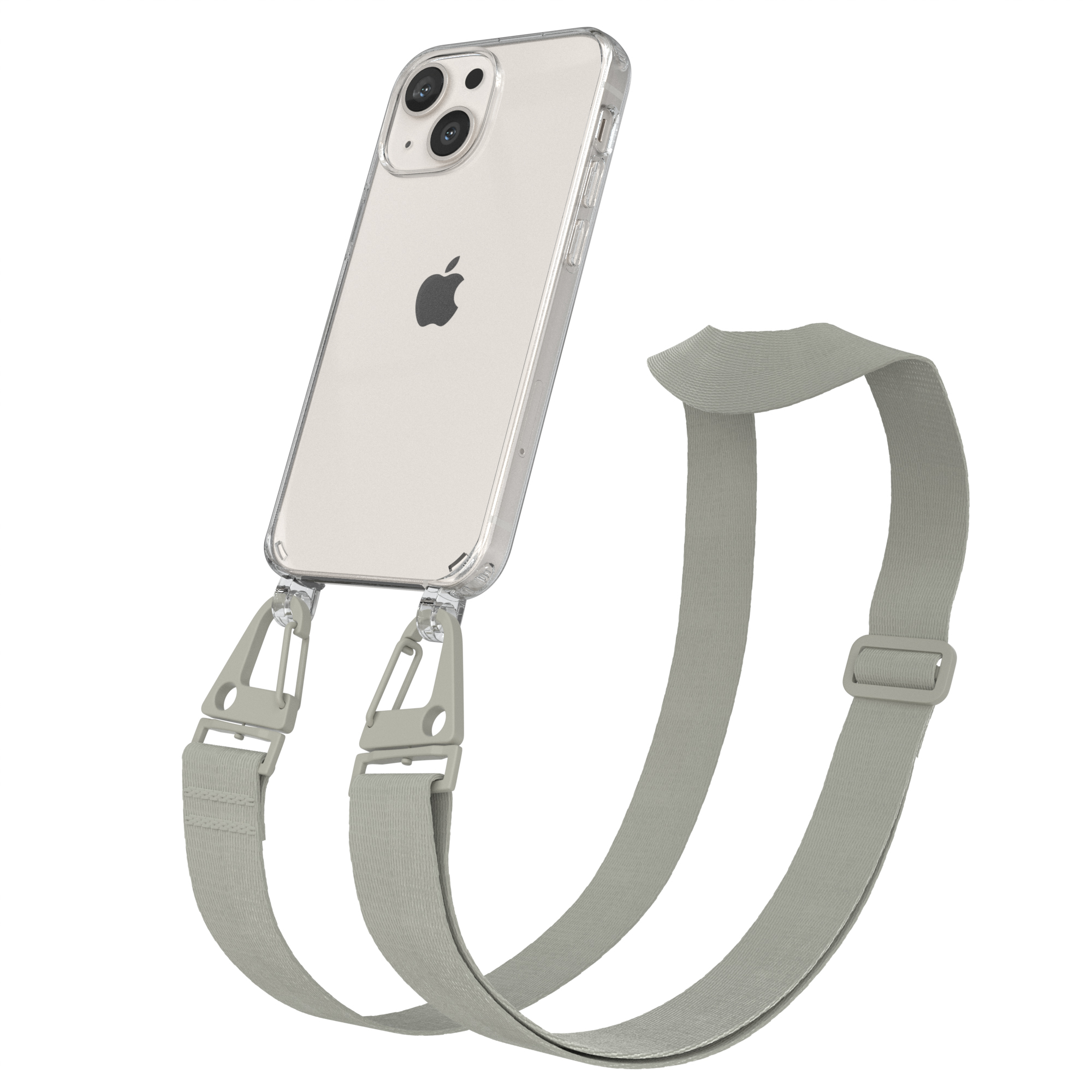 Transparente Handyhülle mit grauem Riemen. Das Telefon hat drei Kameras und ein Apple-Logo.