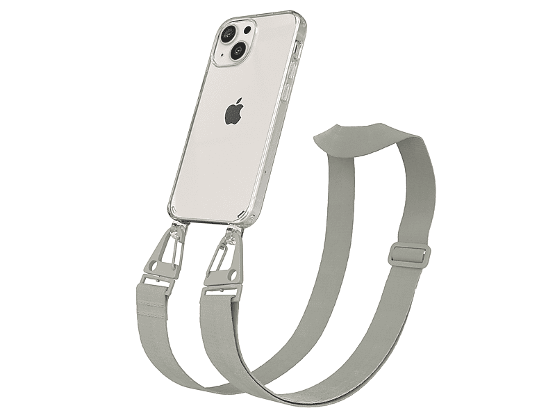 EAZY CASE Transparente Handyhülle mit breiter Kordel + Karabiner, Umhängetasche, Apple, iPhone 13 Mini, Beige Grau / Taupe