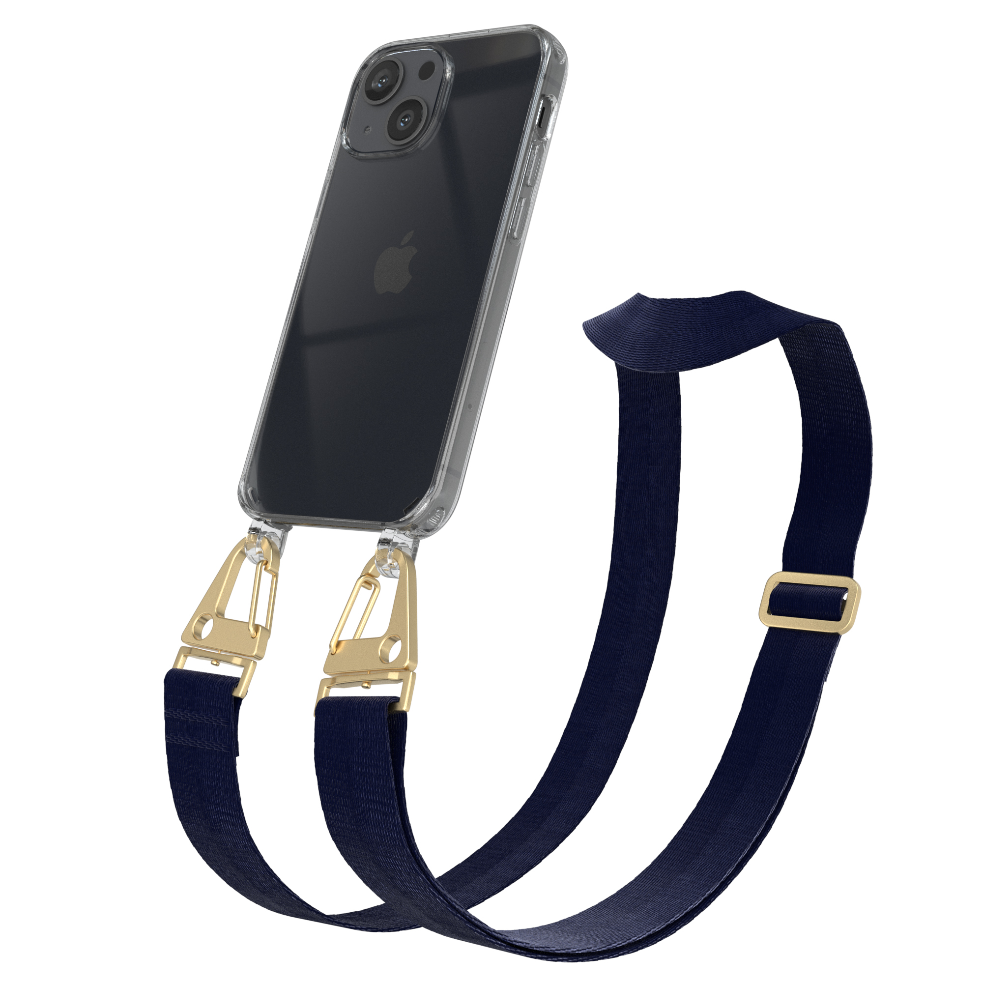 EAZY CASE Transparente breiter mit Handyhülle / Gold Umhängetasche, Kordel Mini, Blau Apple, + Dunkel 13 iPhone Karabiner