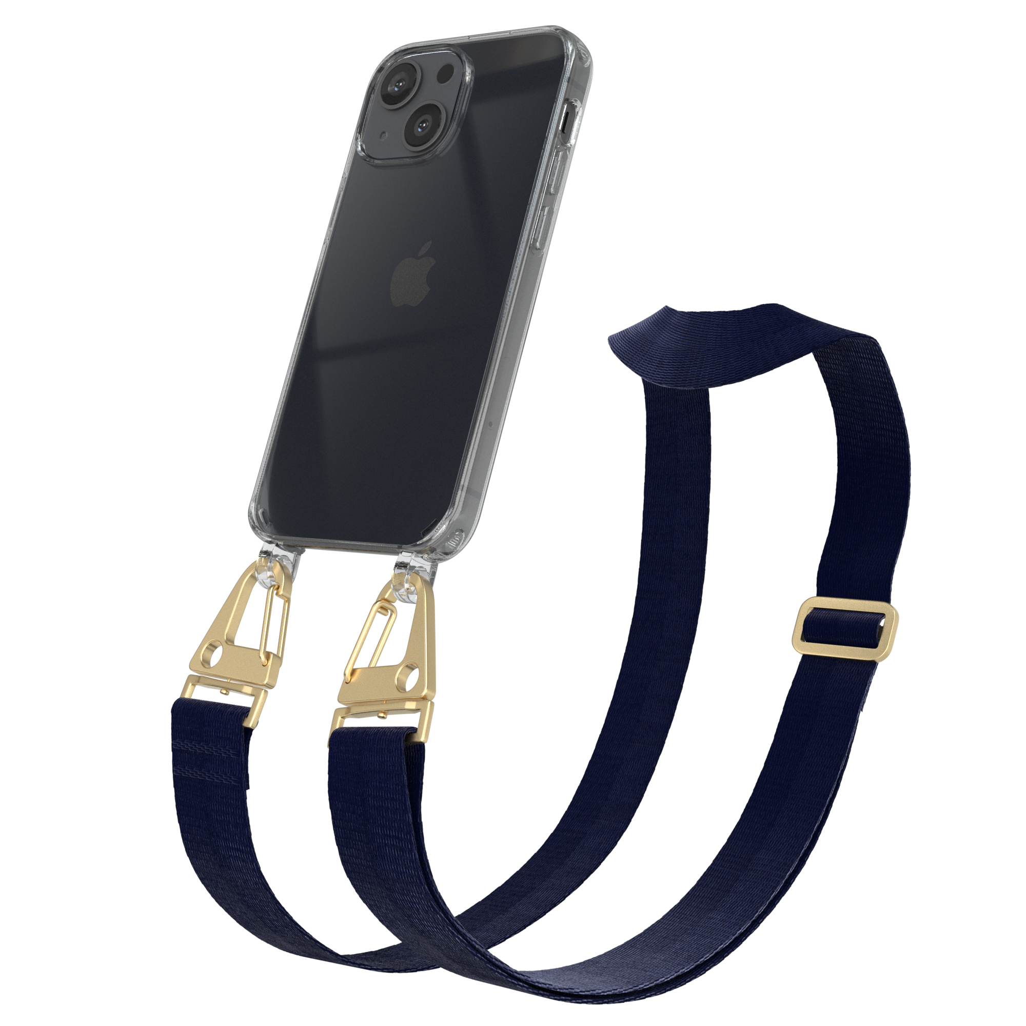 Transparente Handyhülle mit marineblauem Riemen und goldener Hardware. Ein Apple-Telefon ist sichtbar.