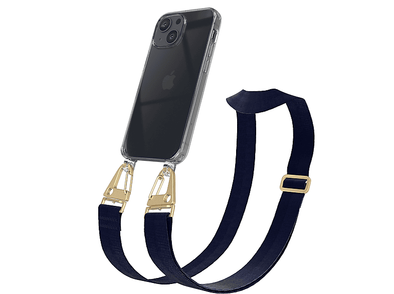 EAZY CASE Transparente Handyhülle mit breiter Kordel + Karabiner, Umhängetasche, Apple, iPhone 13 Mini, Dunkel Blau / Gold