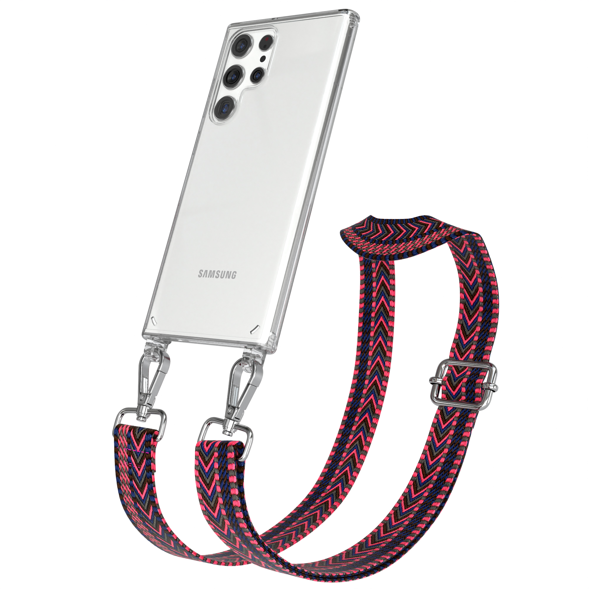 Transparente Handyhülle mit Band. Telefon ist silber. Band hat dunkelblaues, rosa und rotes Zickzackmuster.