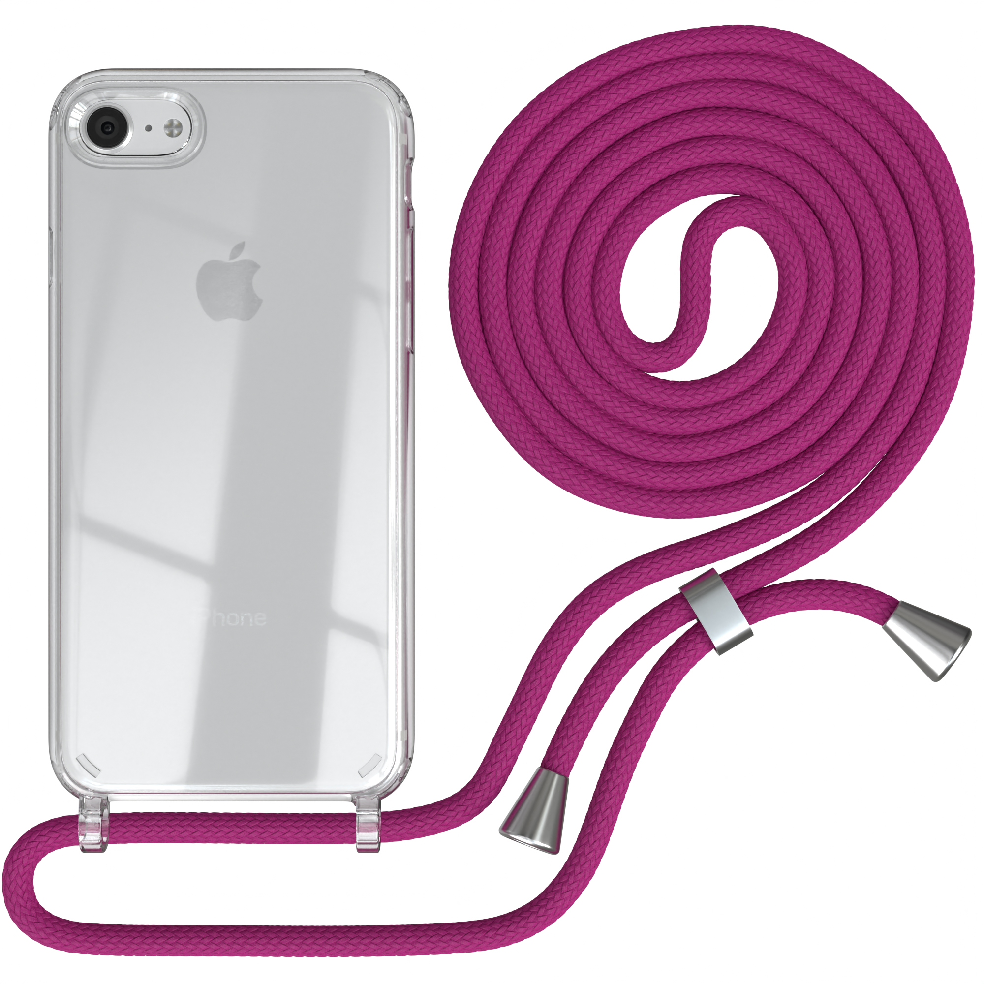 Transparente Handyhülle mit pinkfarbenem Kabel. Das Telefon ist silberfarben und hat ein Apple-Logo.