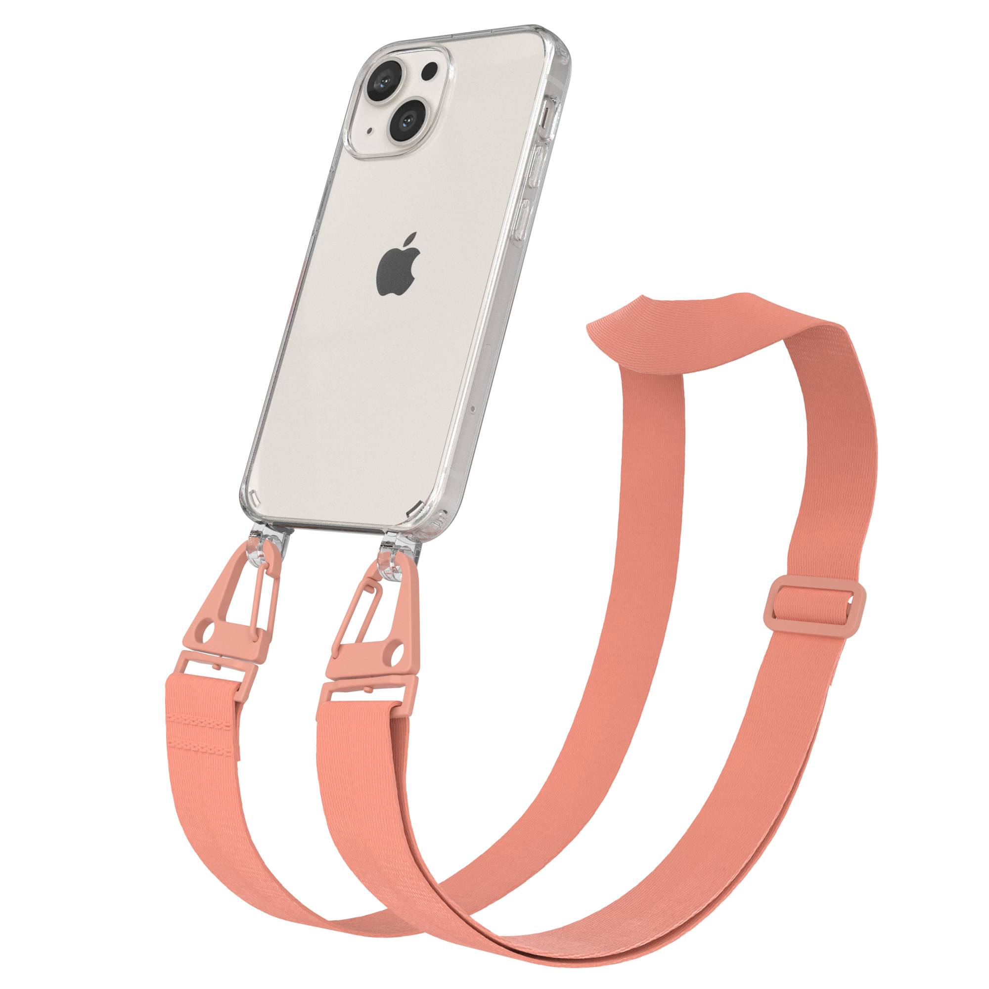 Transparente Handyhülle mit einem pfirsichfarbenen Handystrap, an einem Telefon befestigt.