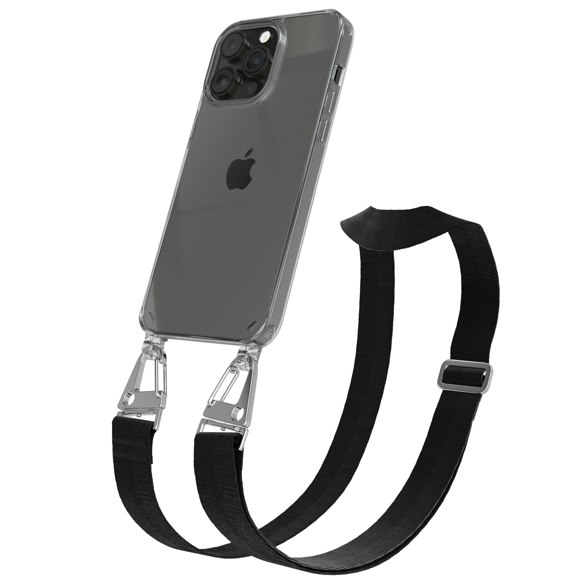 Ein transparentes Telefon mit schwarzem Riemen und silbernen Haken wird gezeigt.