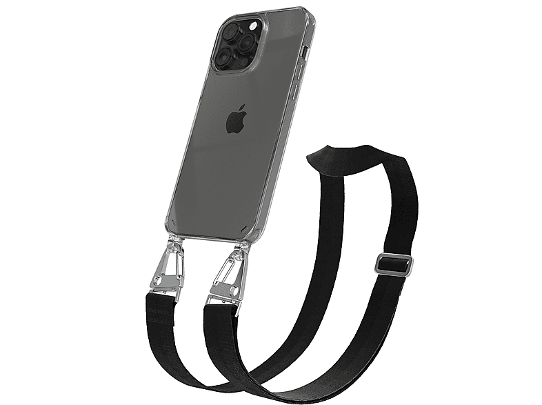 EAZY CASE Transparente Handyhülle mit breiter Kordel + Karabiner, Umhängetasche, Apple, iPhone 14 Pro Max, Schwarz / Silber