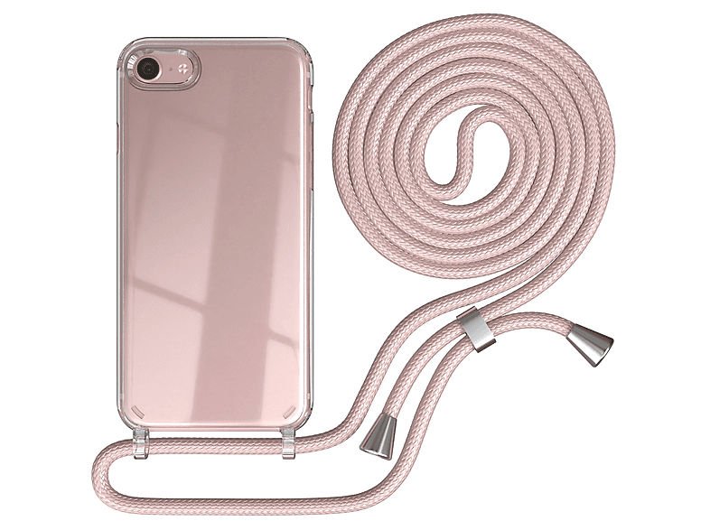 EAZY CASE Clear Cover mit Umhängeband, Umhängetasche, Apple, iPhone SE 2022 / SE 2020, iPhone 7 / 8, Rosé / Clips Silber