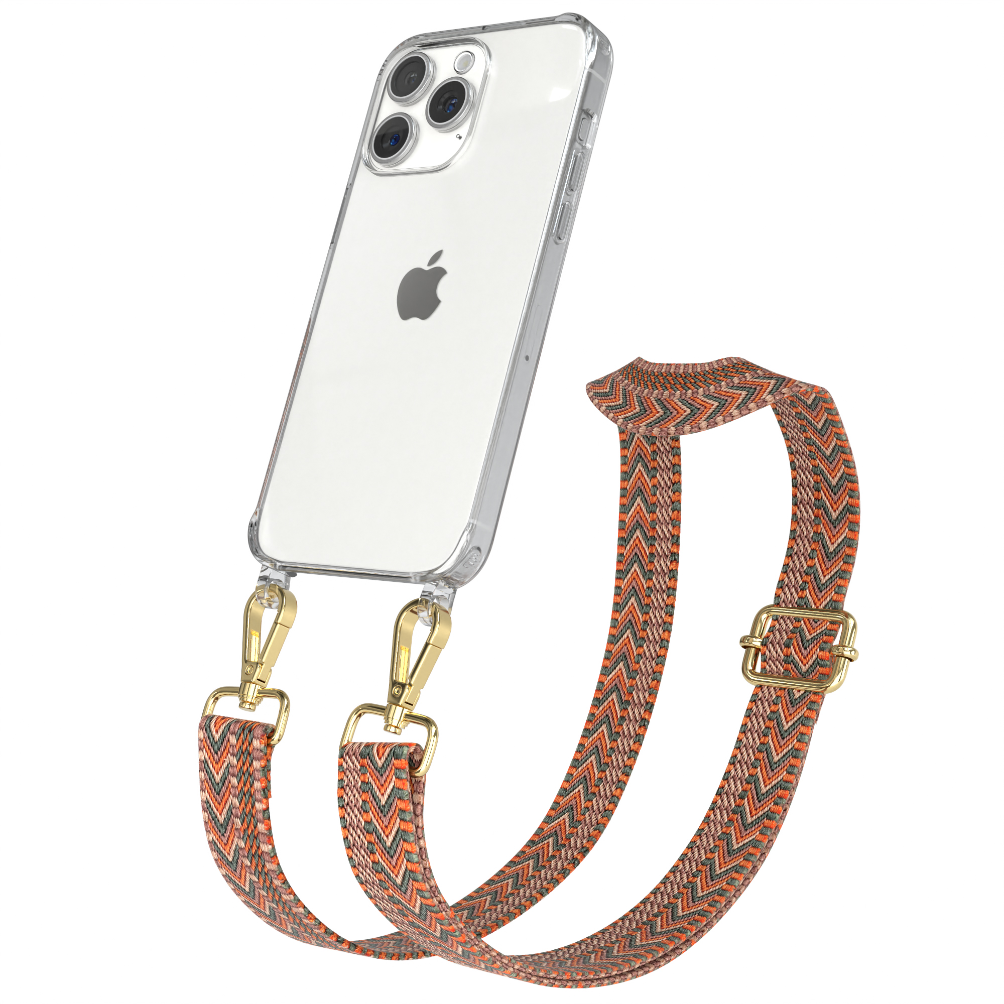 EAZY CASE Transparente Umhängetasche, 15 Max, Boho / Kordel Pro Style, iPhone Grün Apple, Orange Handyhülle mit
