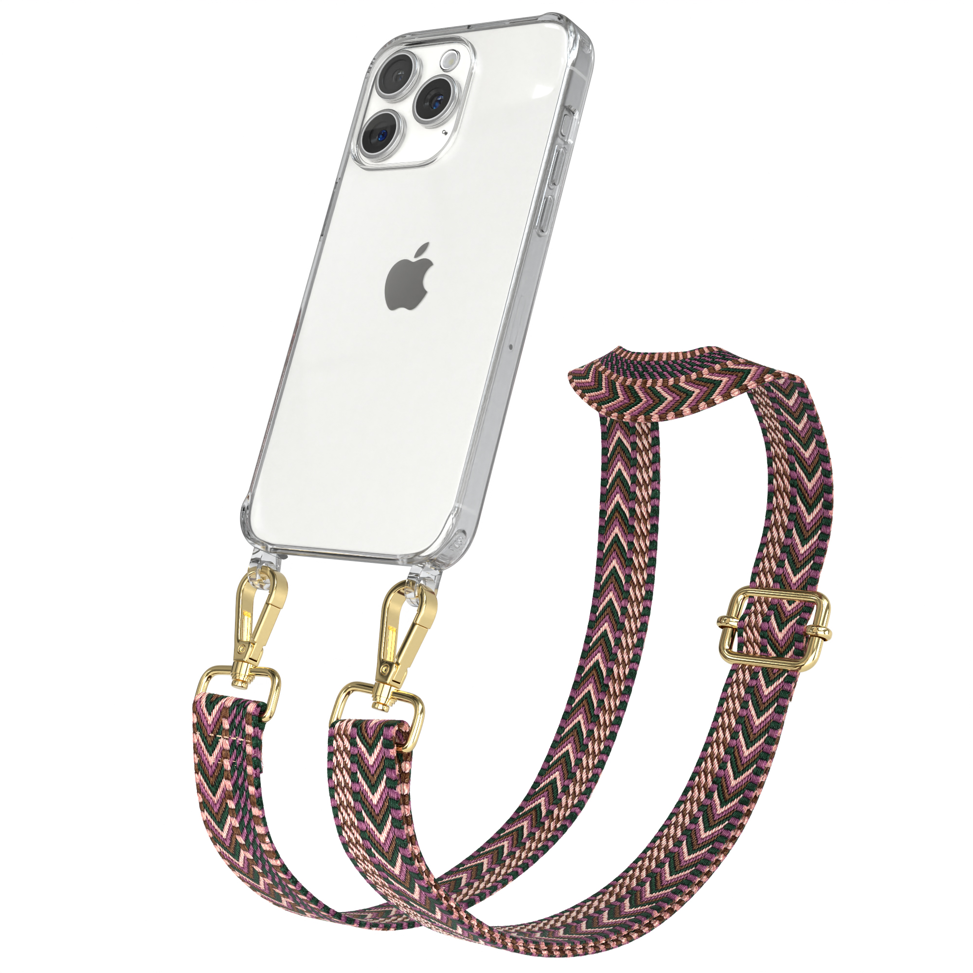 EAZY CASE Transparente Handyhülle Kordel Beere mit Umhängetasche, Max, Style, Boho Apple, Rosa / 15 Pro iPhone
