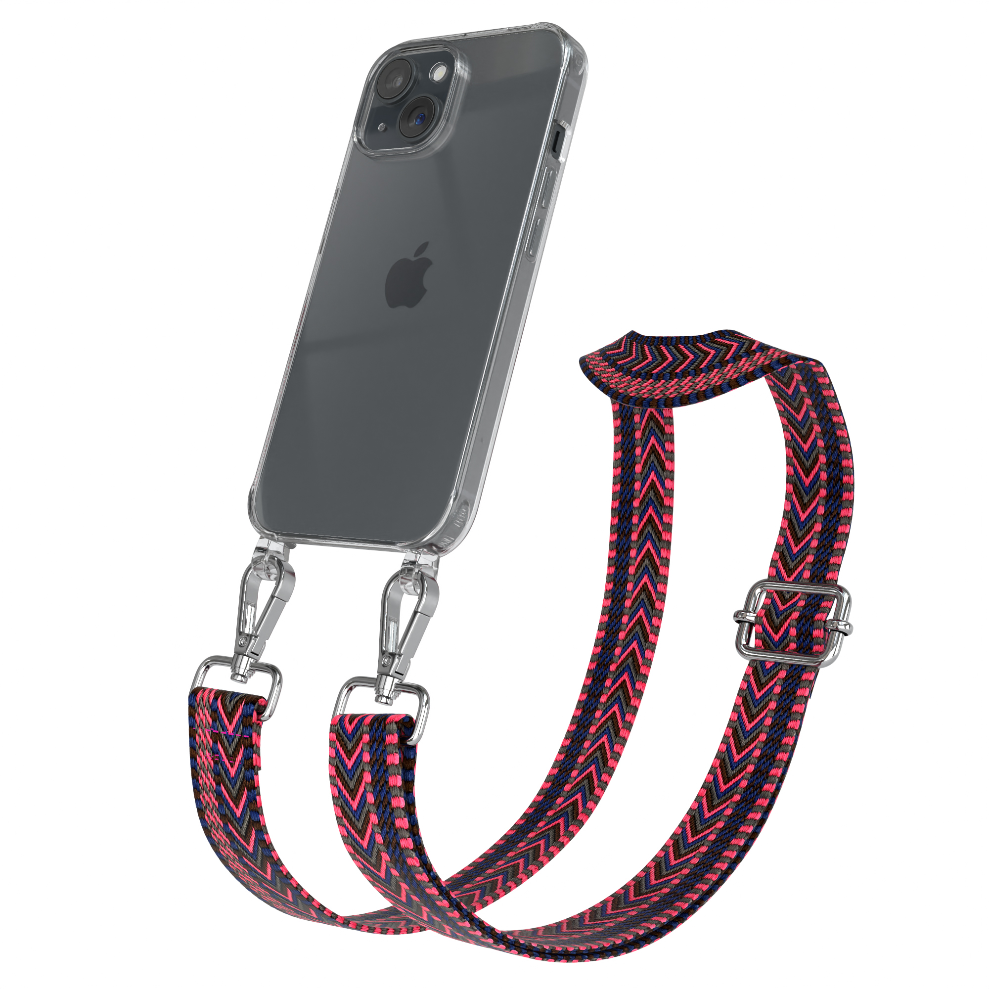 EAZY CASE Transparente Handyhülle mit Style, Kordel Umhängetasche, Boho Pink Apple, iPhone Blau / 15