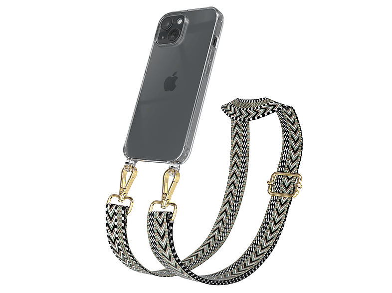 Schwarz Style, Apple, iPhone Boho Transparente mit EAZY 15, Kordel CASE Handyhülle Grün / Umhängetasche,