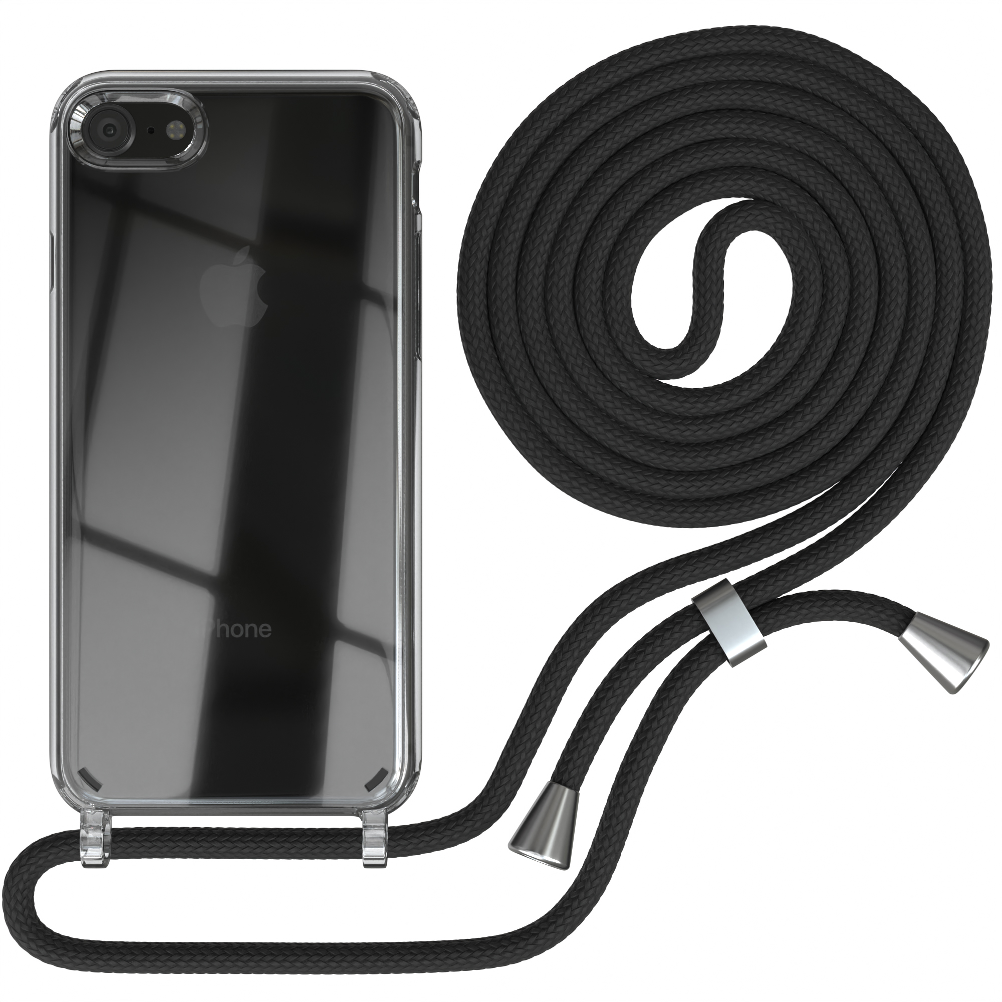 Transparente Handyhülle mit schwarzem Band, an einem iPhone befestigt, mit silbernem Detail.