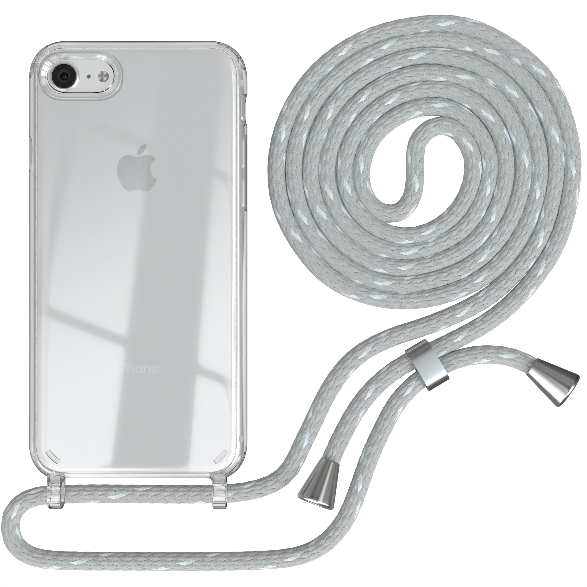 Klare Handyhülle mit grauer Seil-Lanyard. Apple-Logo auf dem Telefon sichtbar.