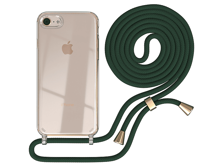EAZY CASE Clear Cover mit Umhängeband, Umhängetasche, Apple, iPhone SE 2022 / SE 2020, iPhone 7 / 8, Grün / Clips Gold | Handyketten