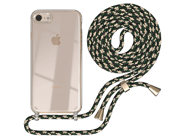 EAZY CASE Clear Cover mit Umhängeband, Umhängetasche, Apple, iPhone SE 2022 / SE 2020, iPhone 7 / 8, Grün Camouflage / Clips Gold