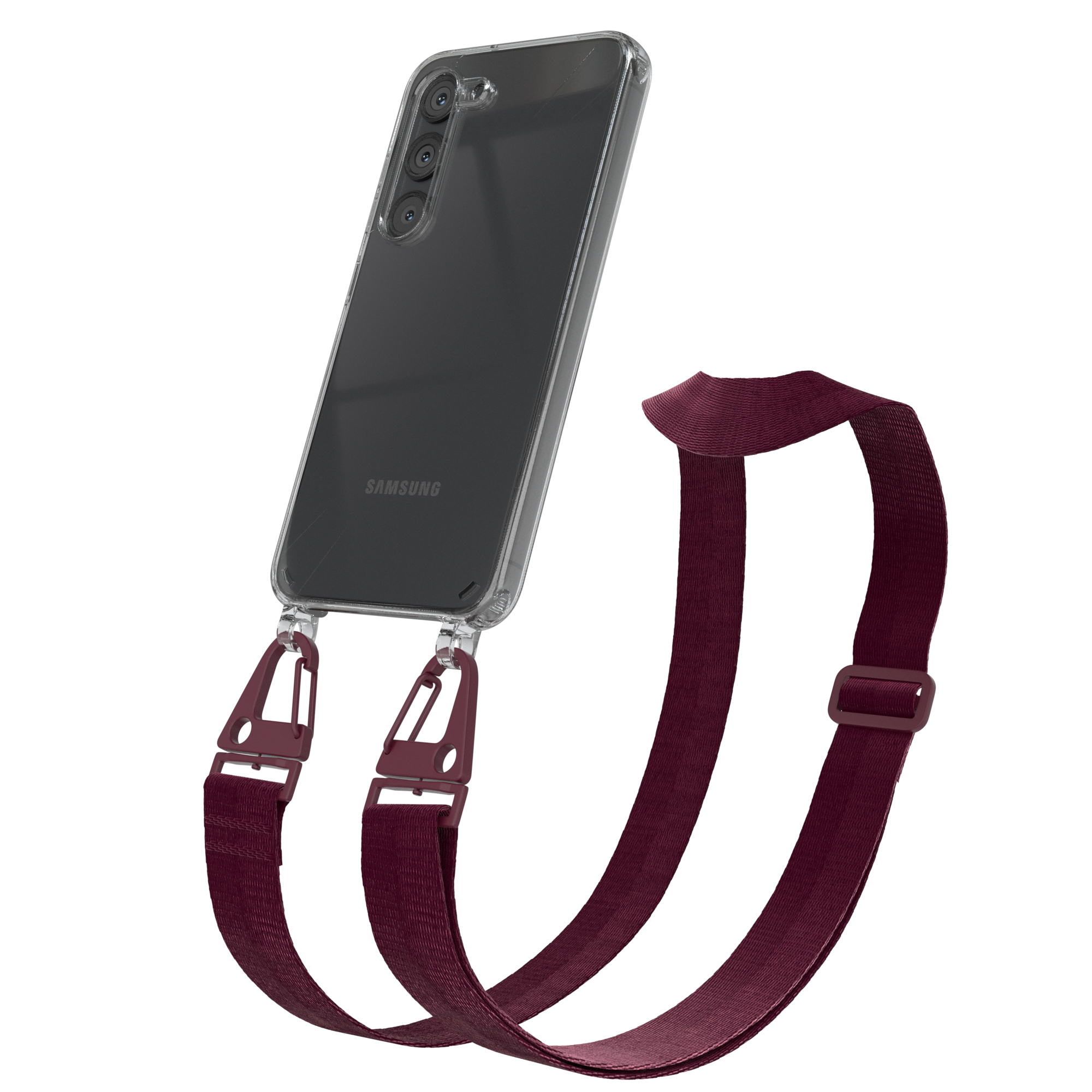 EAZY CASE Transparente Samsung, mit Karabiner, S23, + Galaxy Kordel Burgundy Beere Umhängetasche, Rot Handyhülle breiter 