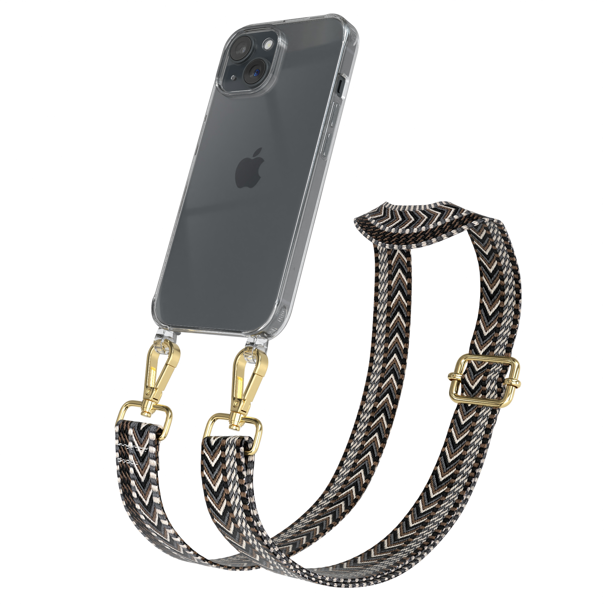 EAZY CASE iPhone Schwarz Boho Transparente Apple, / 15, Kordel Style, mit Handyhülle Umhängetasche, Grau