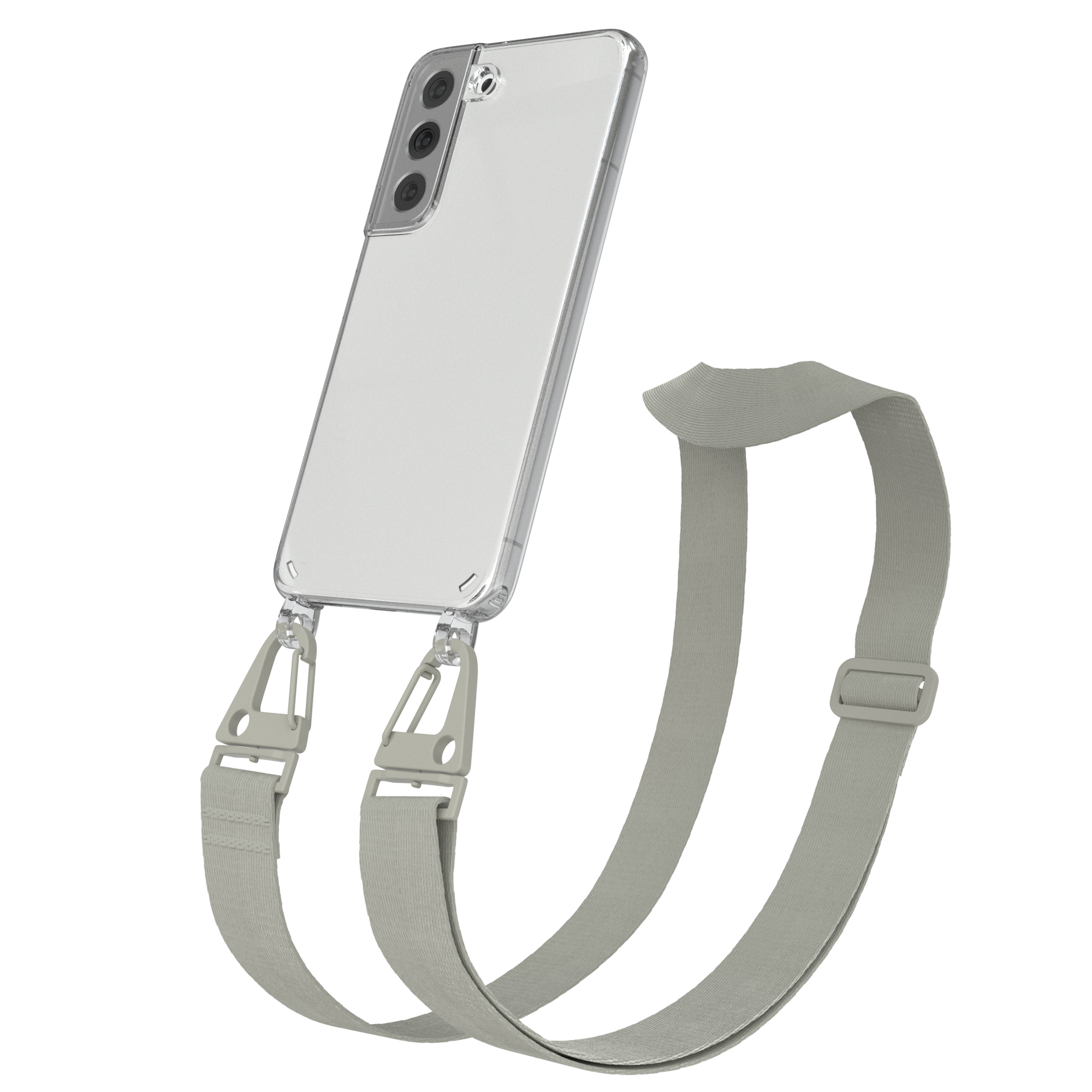 Transparente Handyhülle mit grauem Lanyard. Das Telefon ist im Inneren der Hülle sichtbar.
