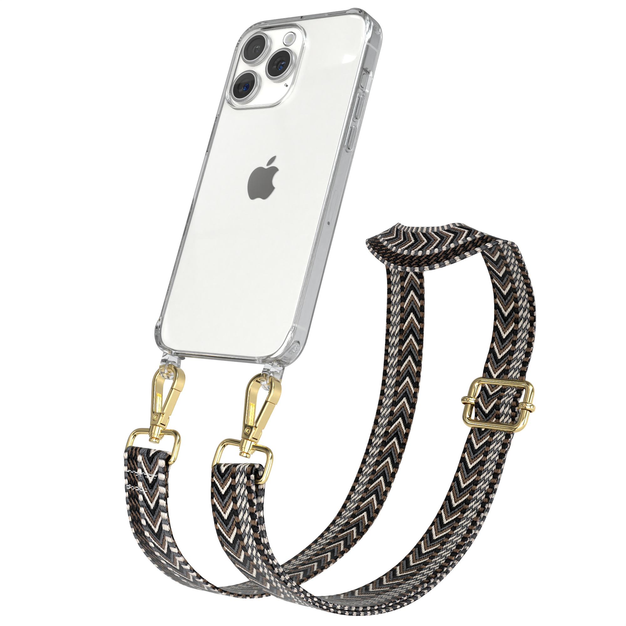 EAZY CASE Transparente Handyhülle Umhängetasche, 15 Style, Pro Max, Kordel Apple, Schwarz Grau Boho mit / iPhone