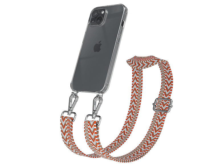 EAZY CASE Transparente Handyhülle mit Kordel Boho Style, Umhängetasche, Apple, iPhone 15, Hellblau / Rot