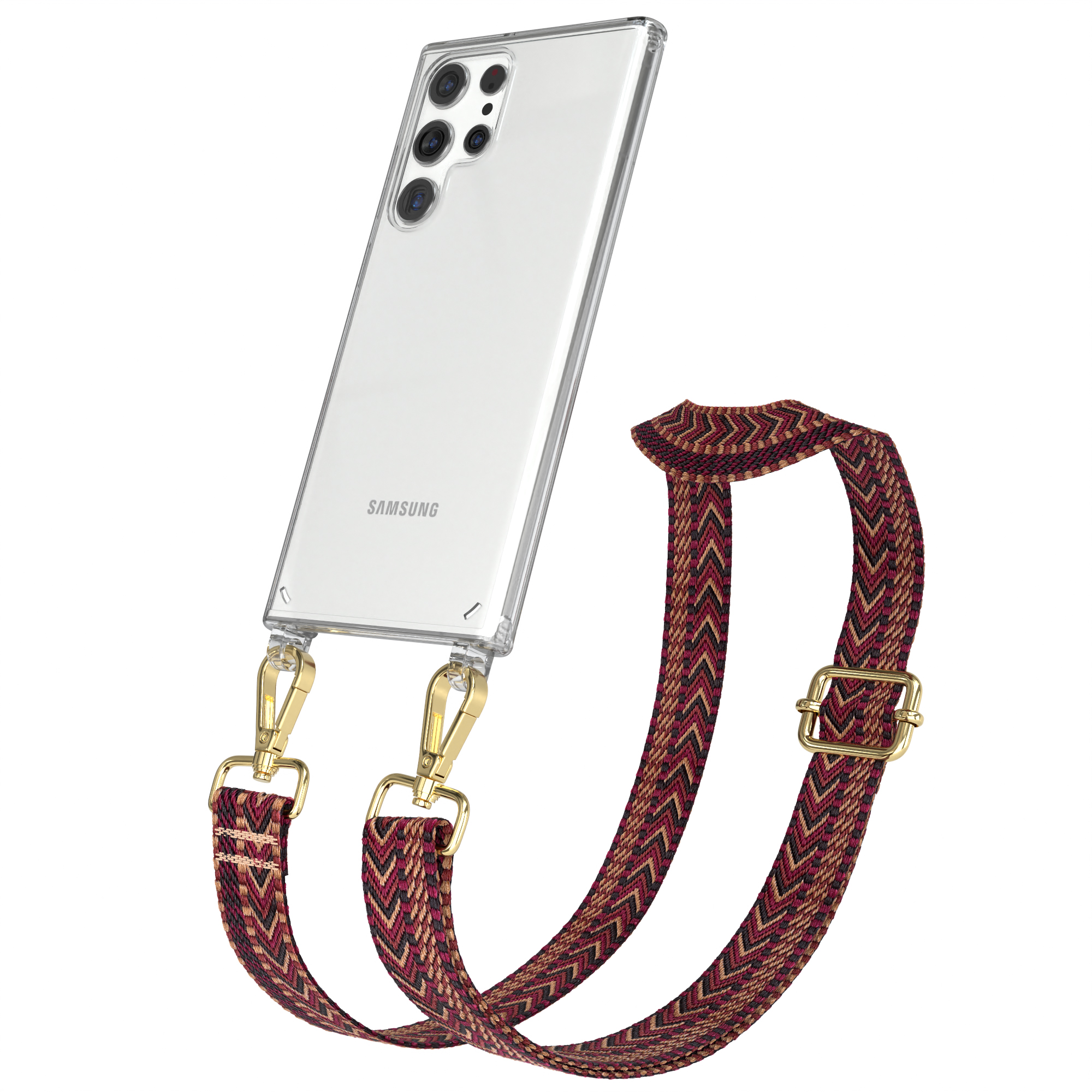 Klare Handyhülle mit gemustertem Riemen, goldenen Verschlüssen und Samsung-Handy.