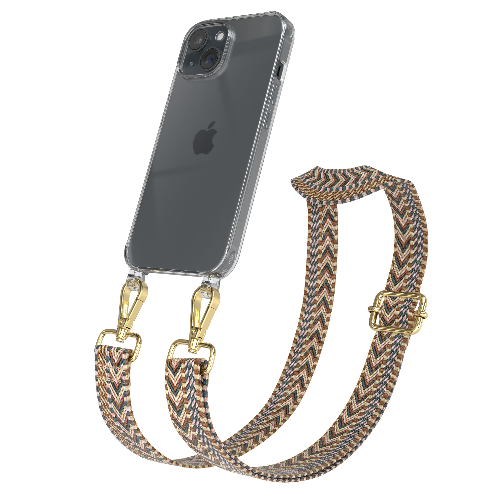 Telefon in klarer Hülle mit gemustertem Gurt. Goldfarbene Verschlüsse und Schnalle.