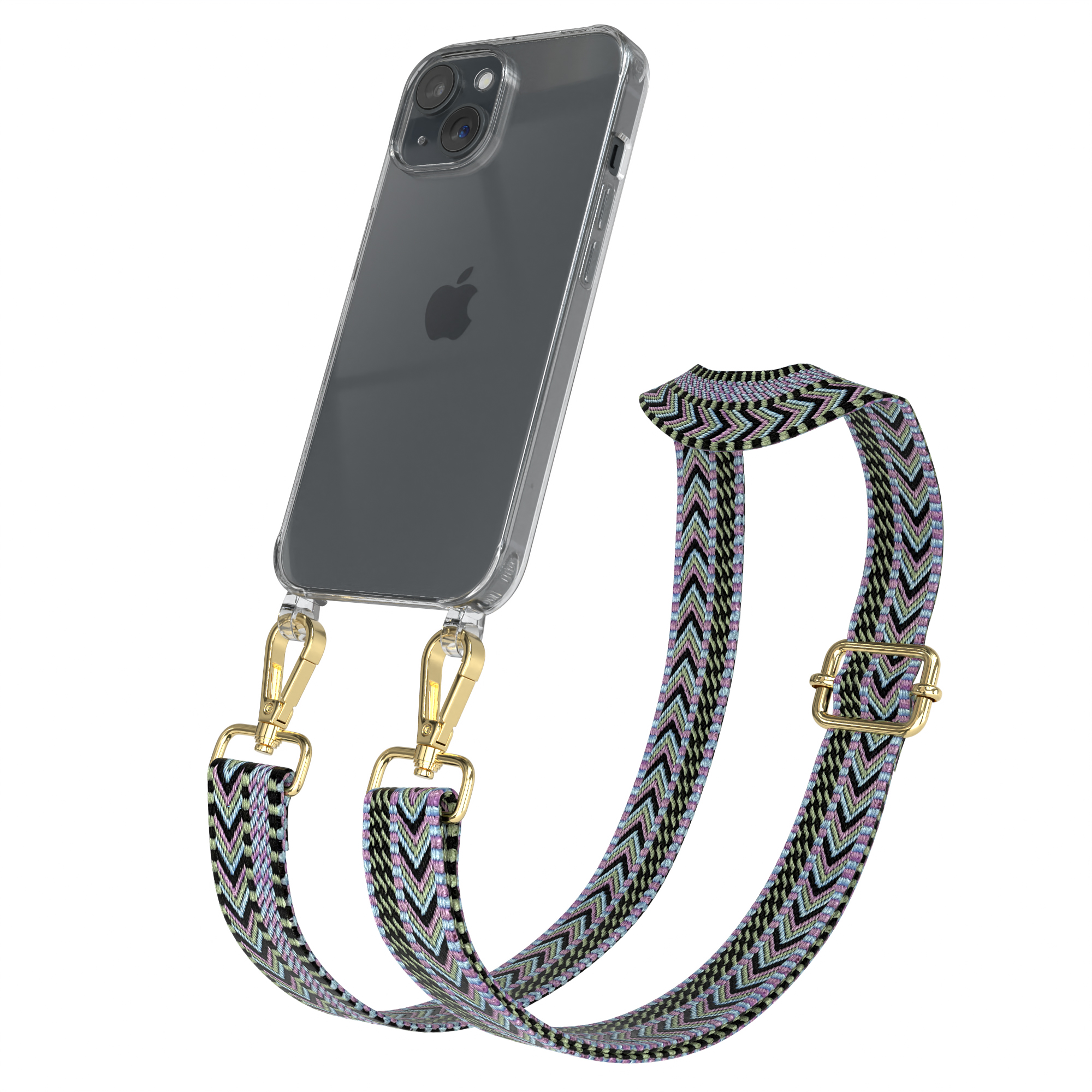 Transparente Handyhülle mit einem schwarz, grün und lila gemusterten Riemen. Das Telefon hat zwei Kameras.