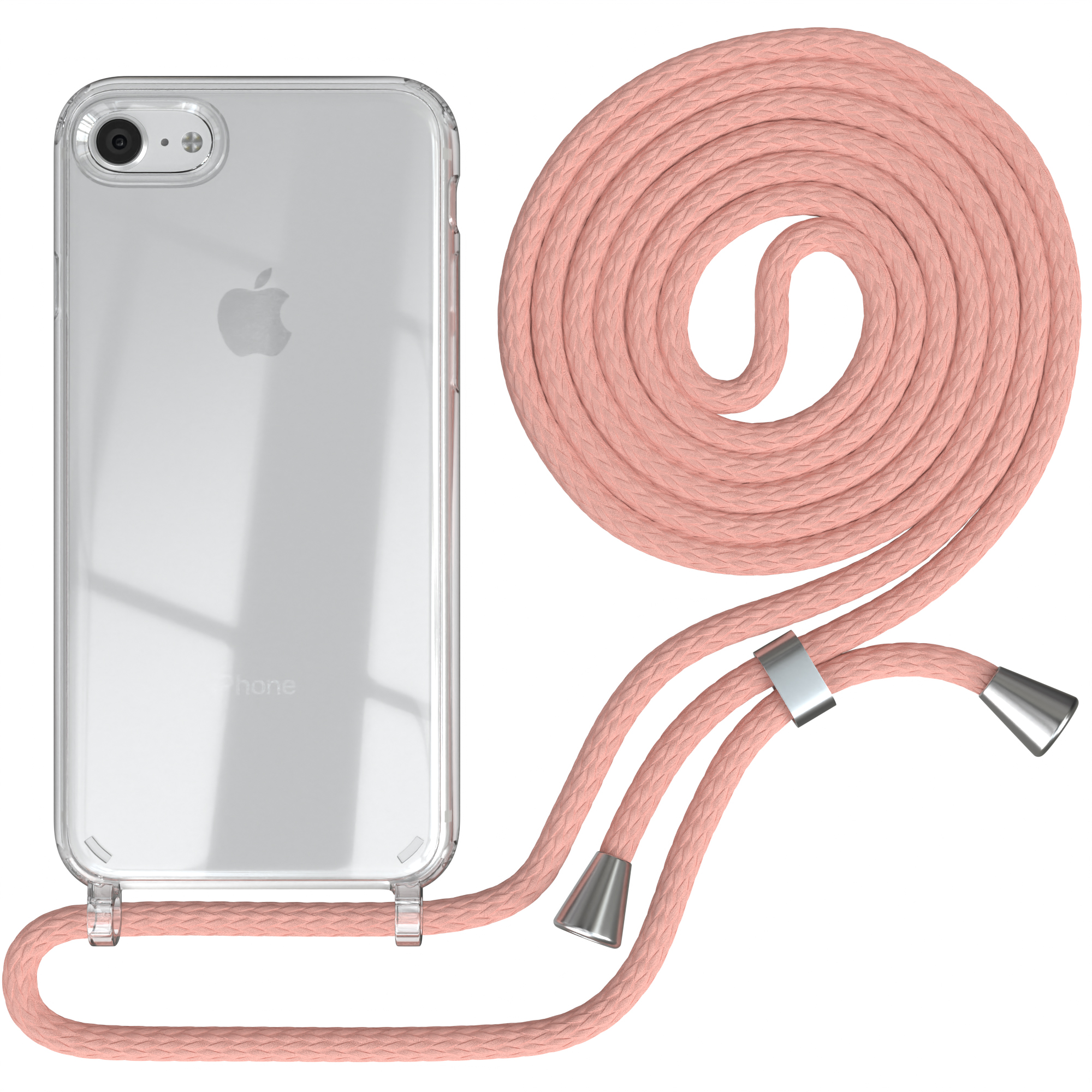 Klar Handyhülle mit rosa Kordel. Die Kordel ist aufgerollt. Die Hülle hat das Apple-Logo.