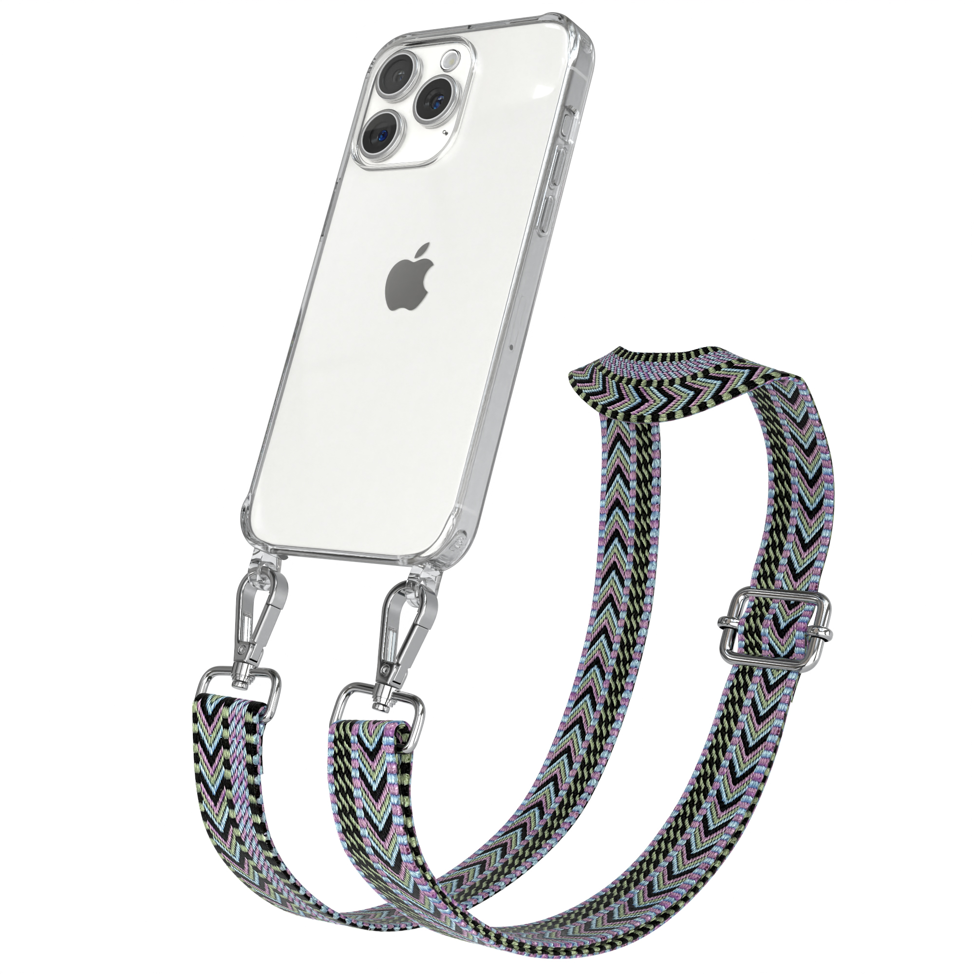 Transparente Handyhülle mit gemustertem Riemen. Telefon ist Marke Apple. Silberne Verschlüsse und weißer Hintergrund.