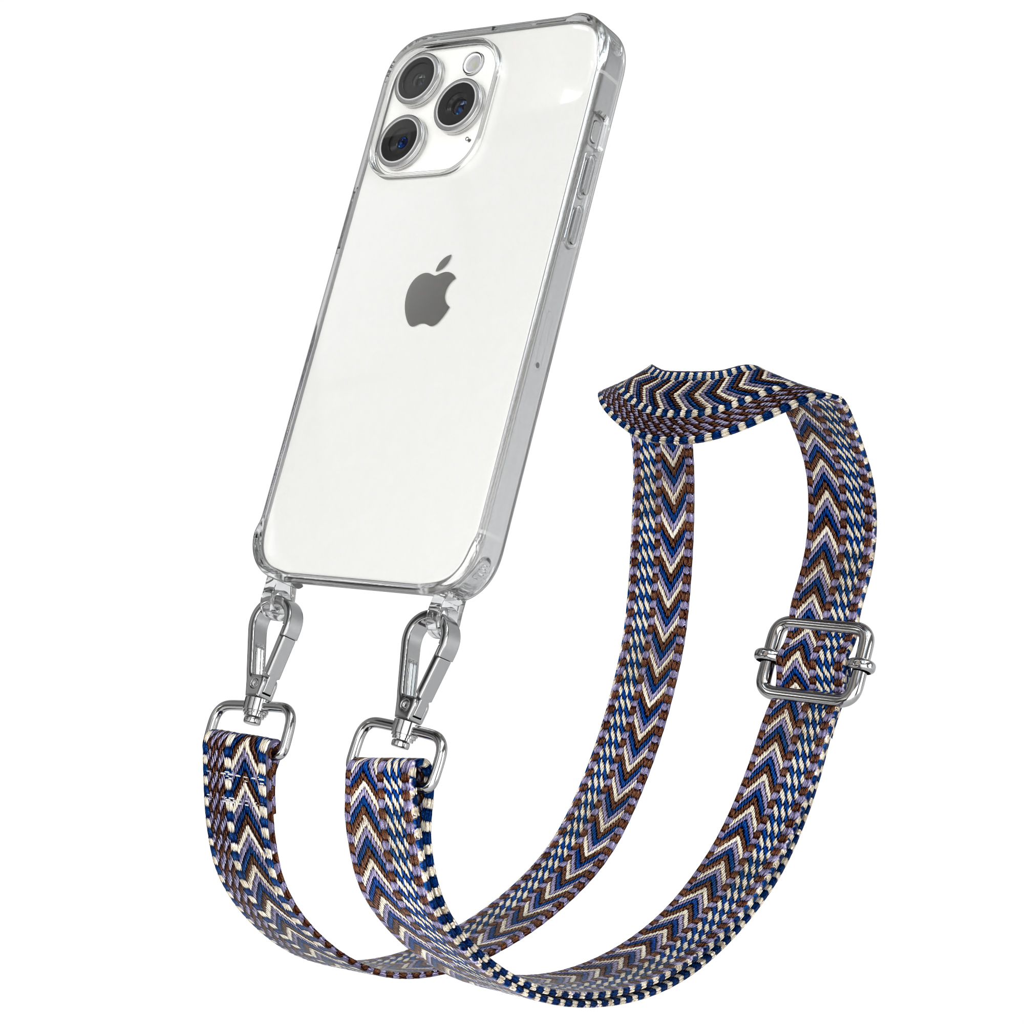Transparente Handyhülle mit blauem Musterband. Das Band hat silberne Haken und einen Verschluss.