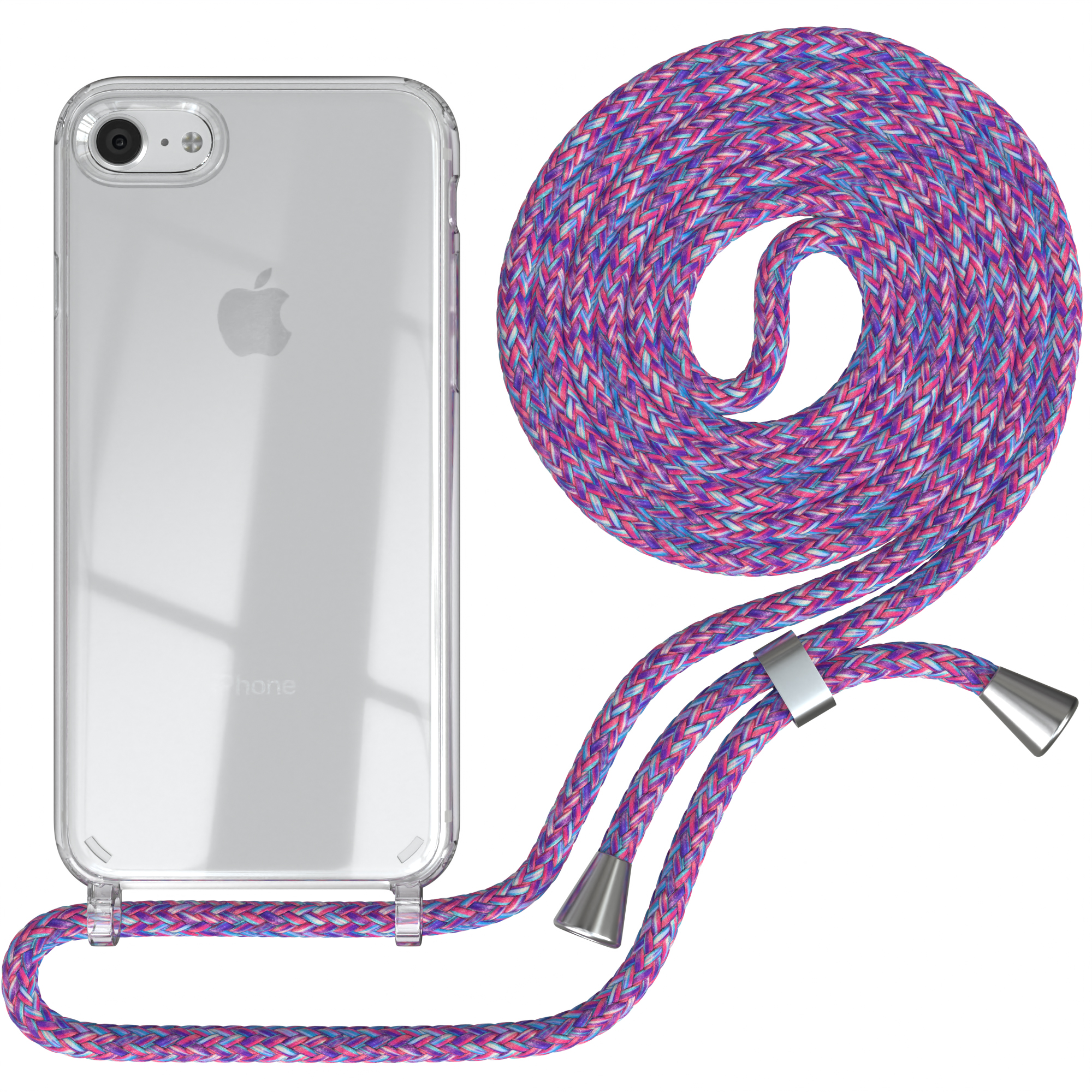 Transparente Handyhülle mit lila, blauem und pinkfarbenem Gurt. Ein iPhone befindet sich in der Hülle. Weißer Hintergrund.