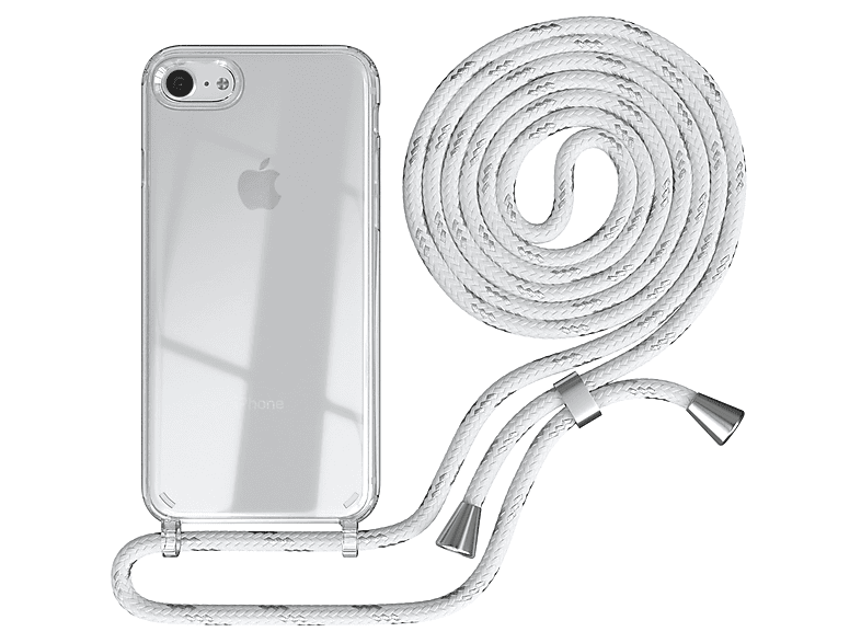 EAZY CASE Clear Cover mit Umhängeband, Umhängetasche, Apple, iPhone SE 2022 / SE 2020, iPhone 7 / 8, Weiß / Clips Silber