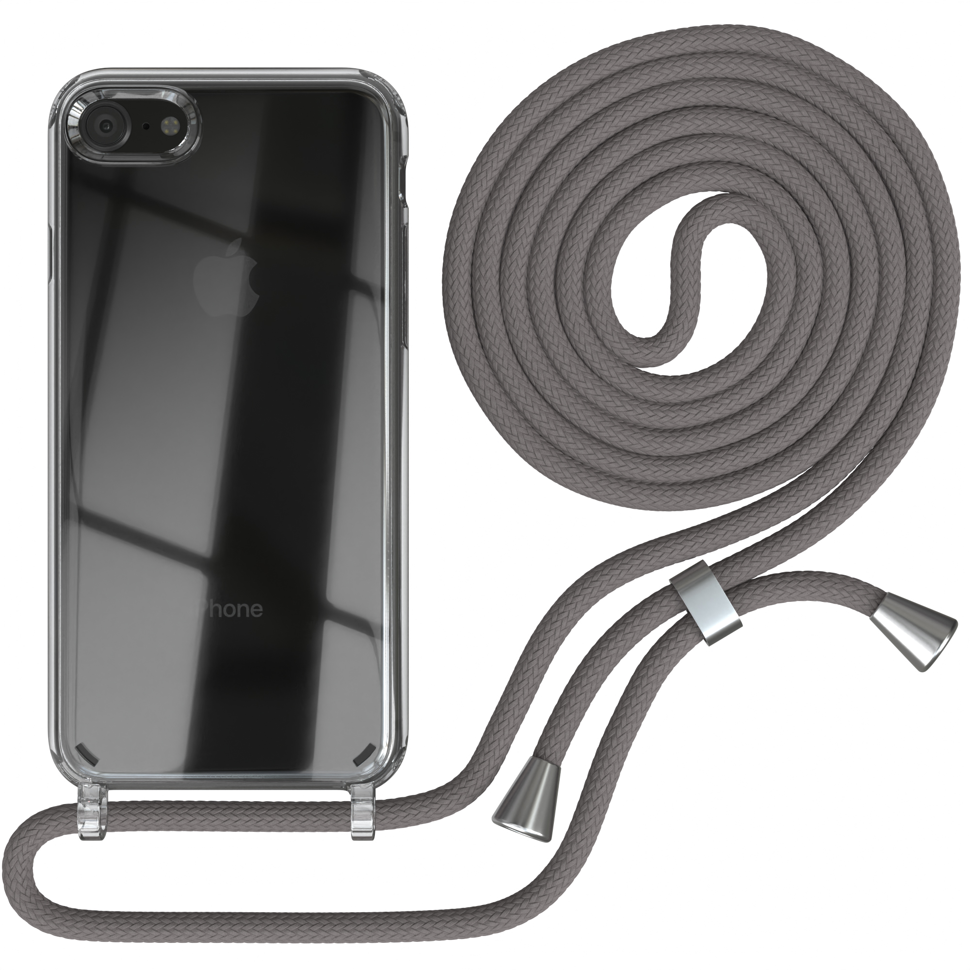 EAZY CASE iPhone SE Clear Grau / Umhängetasche, 7 / 2022 / 2020, Apple, iPhone Cover 8, Umhängeband, Silber SE mit Clips