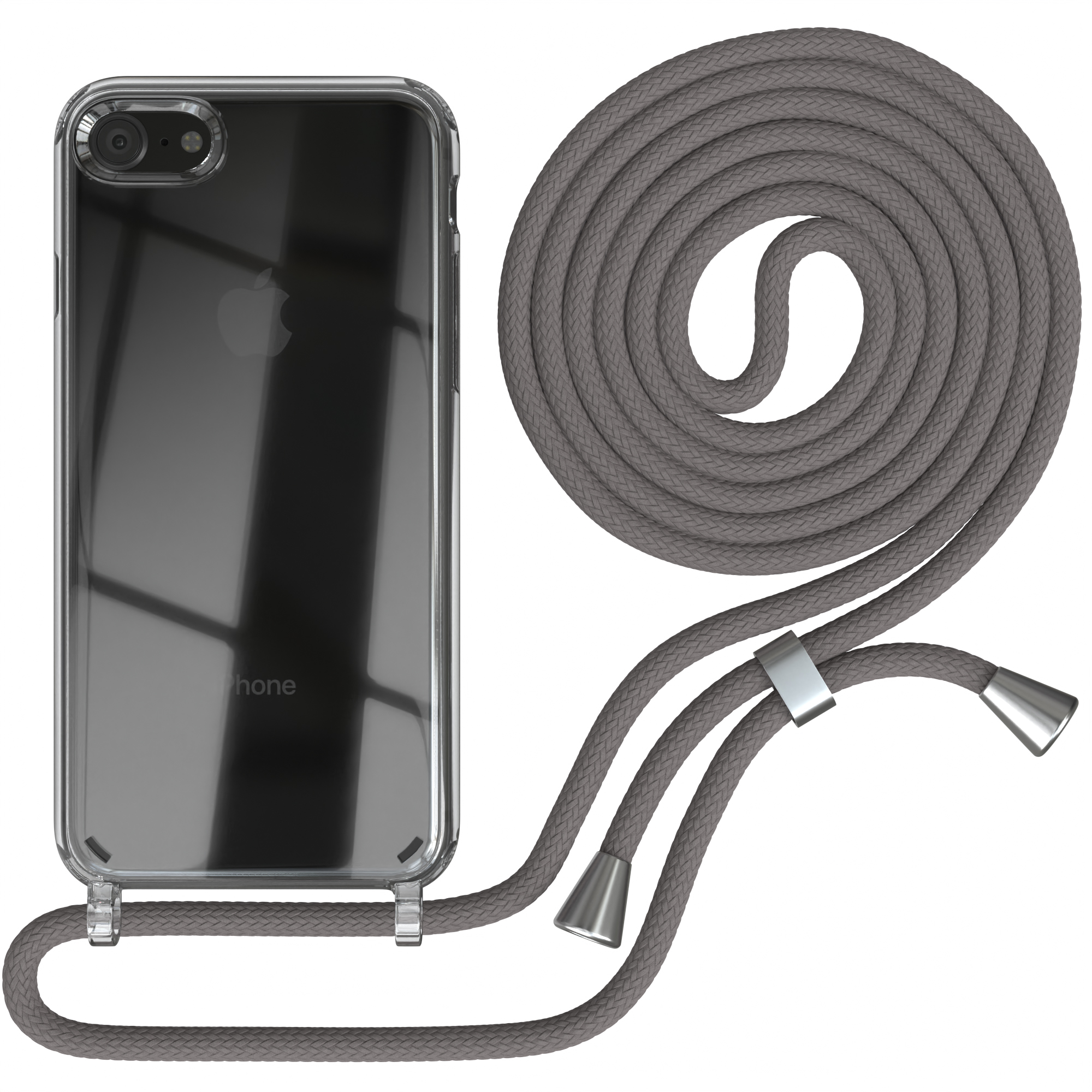 Eine transparente Handyhülle mit grauem Riemen und einem Telefon auf weißem Hintergrund.