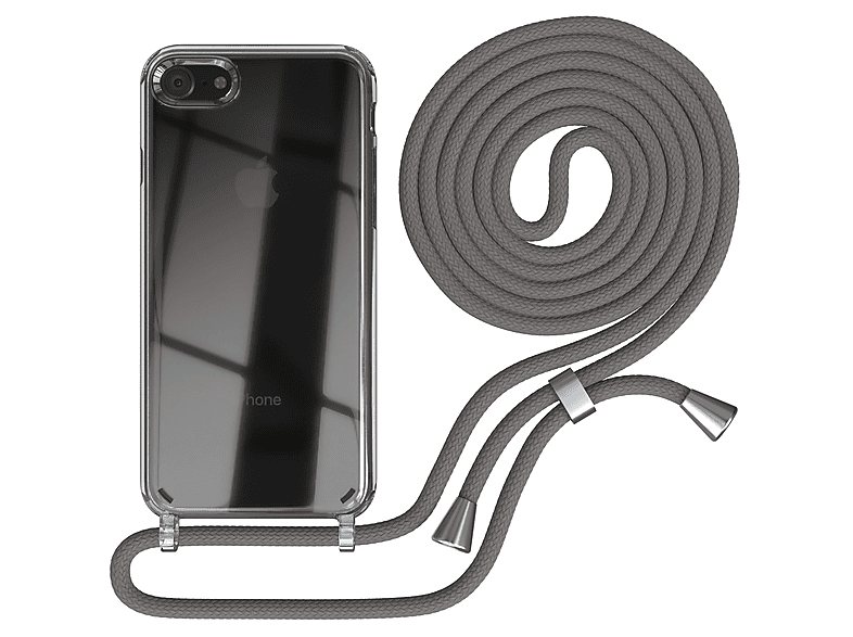 EAZY CASE Clear Cover mit Umhängeband, Umhängetasche, Apple, iPhone SE 2022 / SE 2020, iPhone 7 / 8, Grau / Clips Silber
